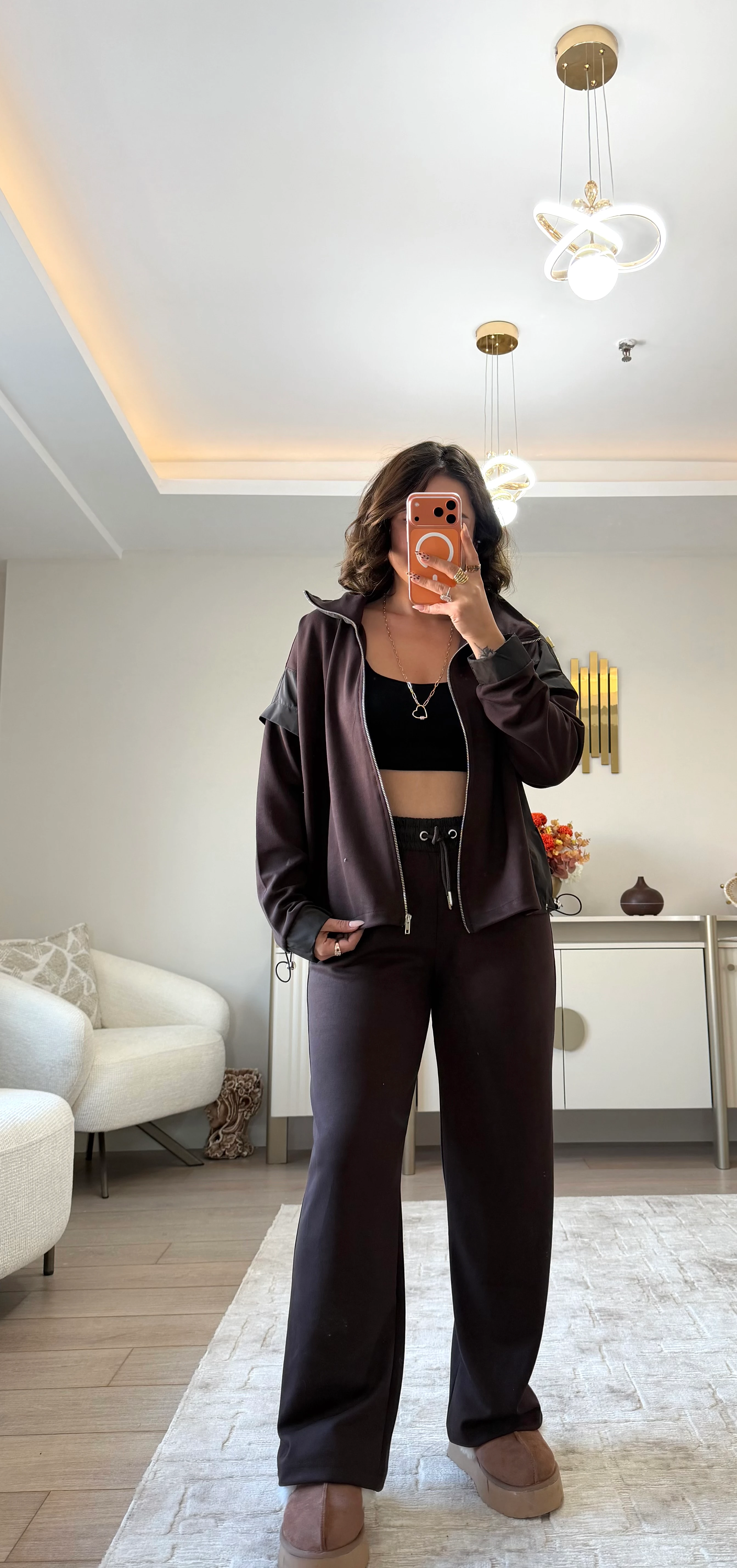 Vela Paraşüt Kumaş Detaylı Modal Takım - acı kahve 