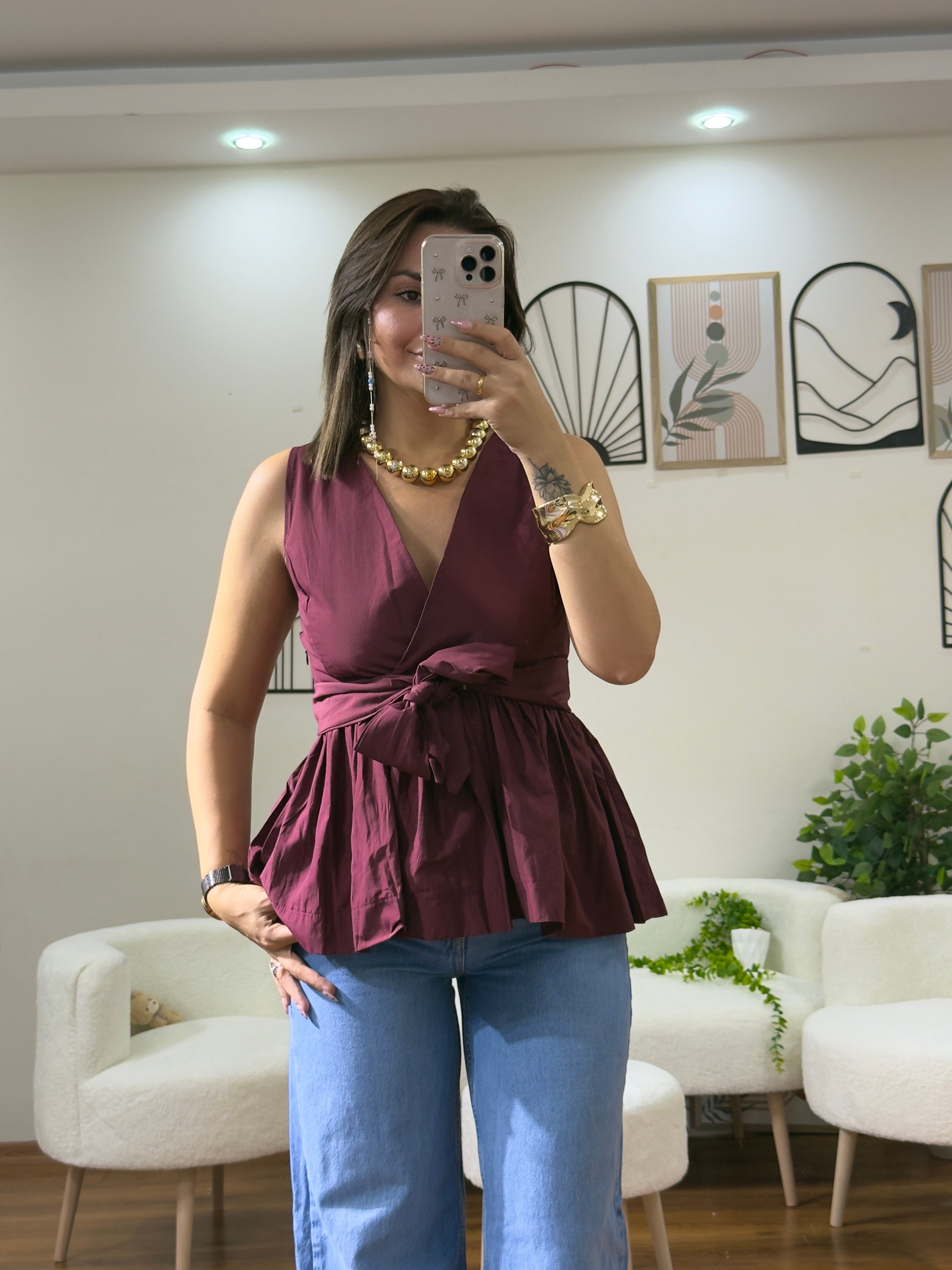 Poplin kumaş kuşaklı gömlek 