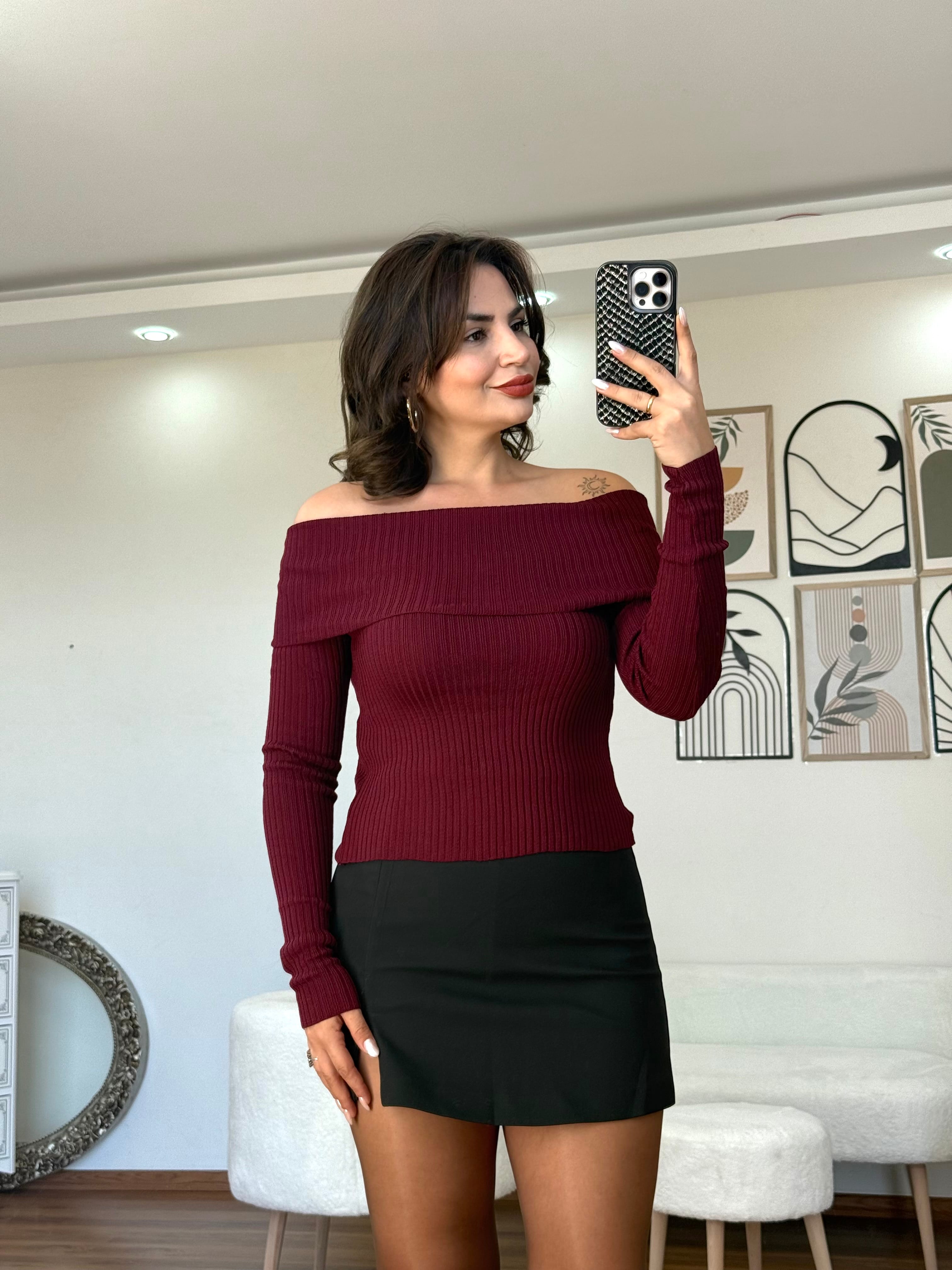 Şal Yaka Bluz - Bordo
