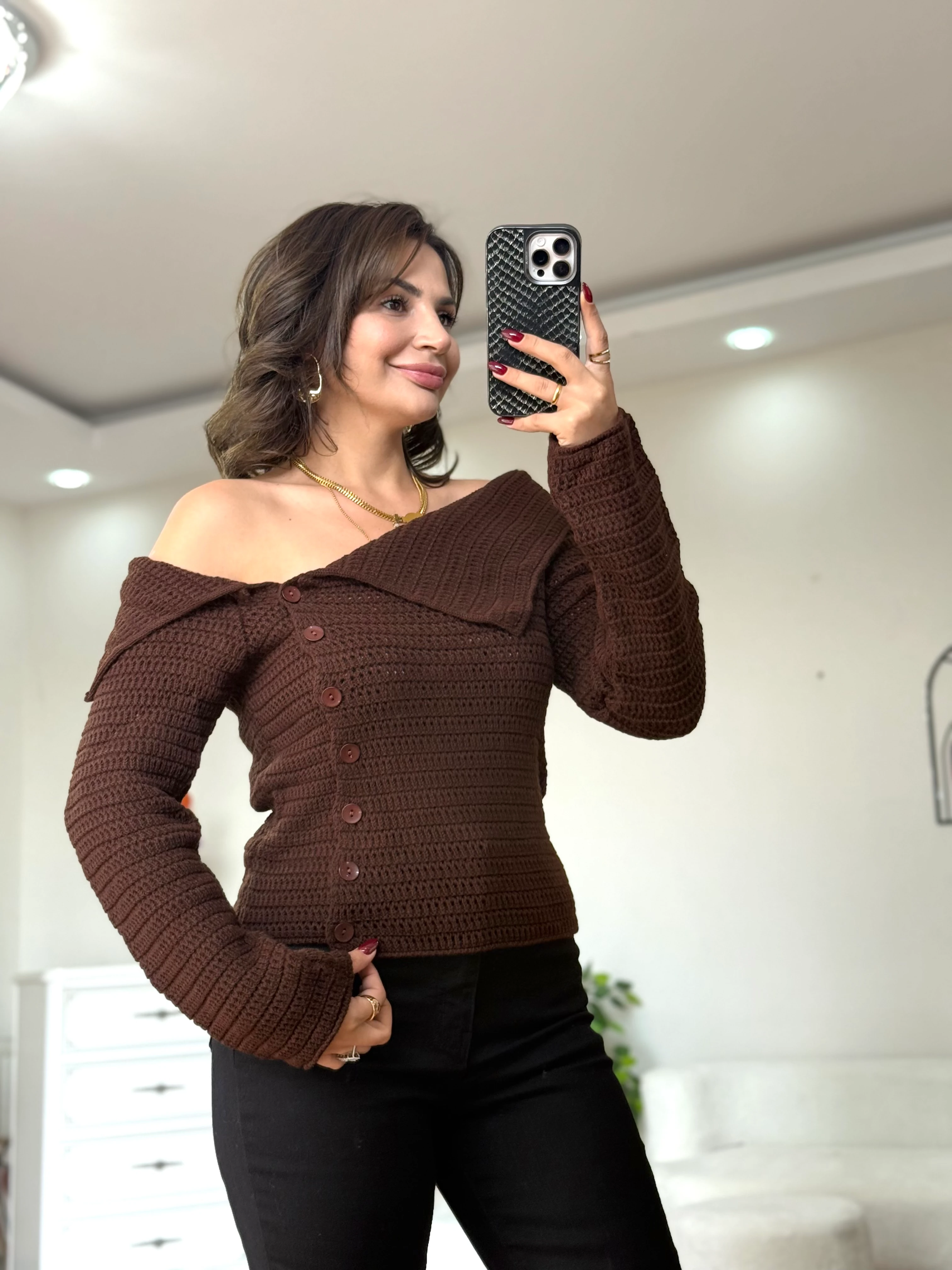 Kayık Yaka Triko - acı kahve 