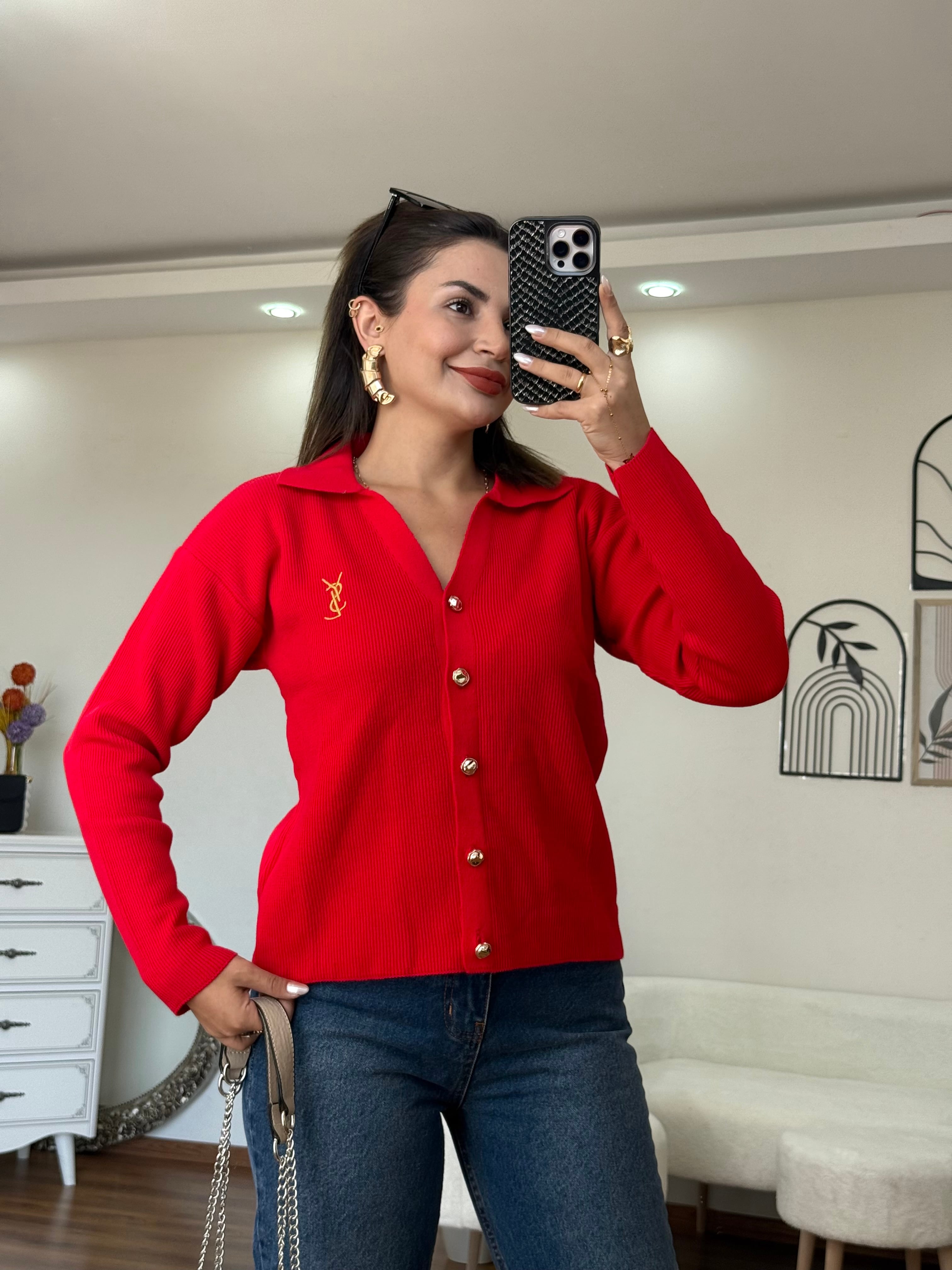 YSL Gold Düğmeli Hırka  - Kırmızı