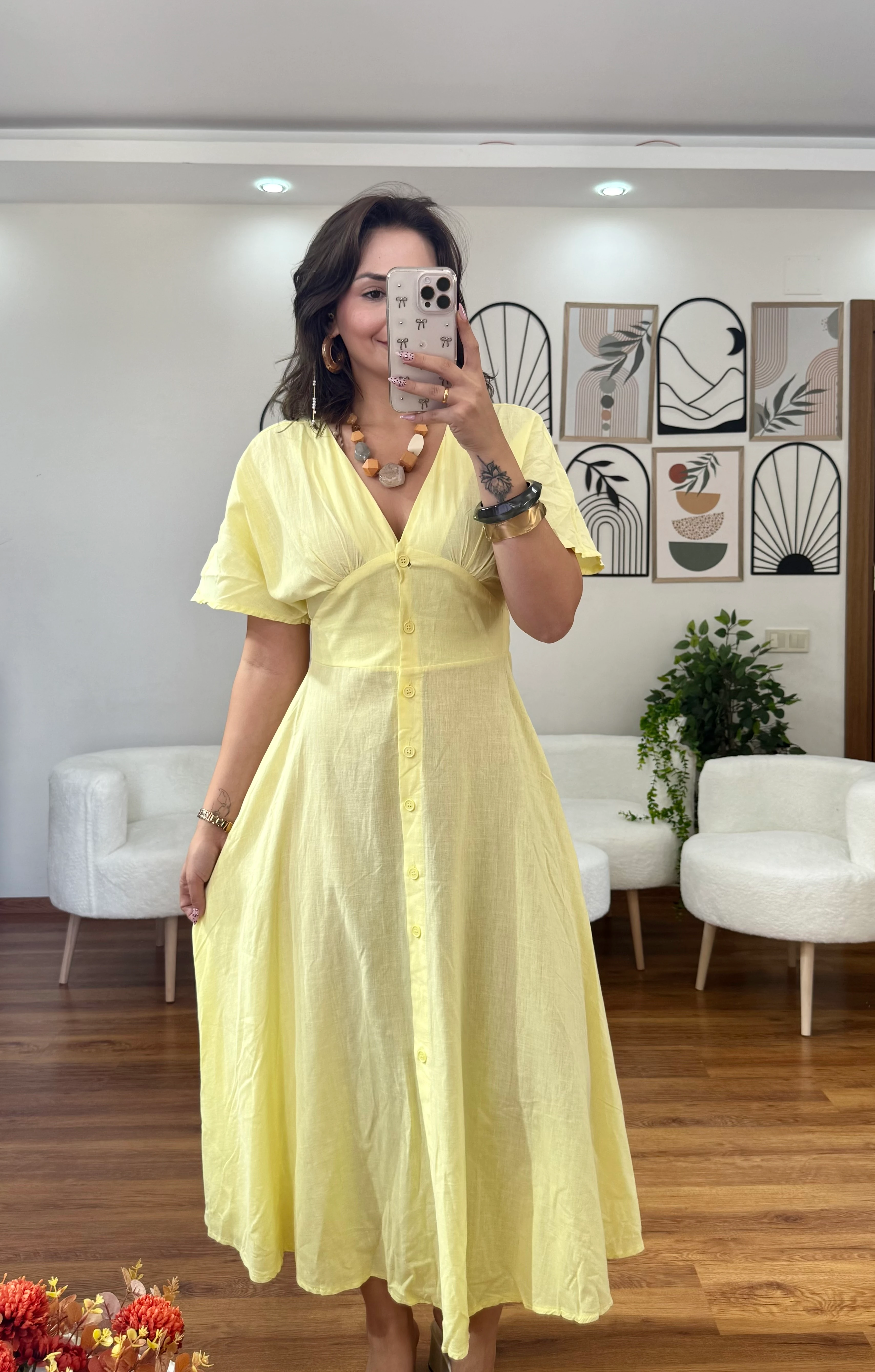 KETEN KUMAŞ SARI ELBİSE 