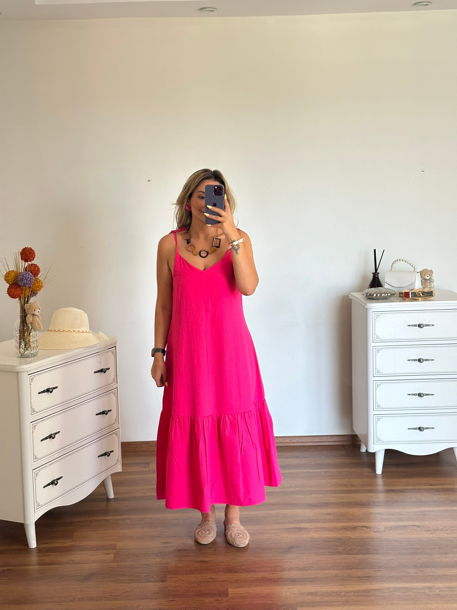 PEMBE KETEN ELBİSE 