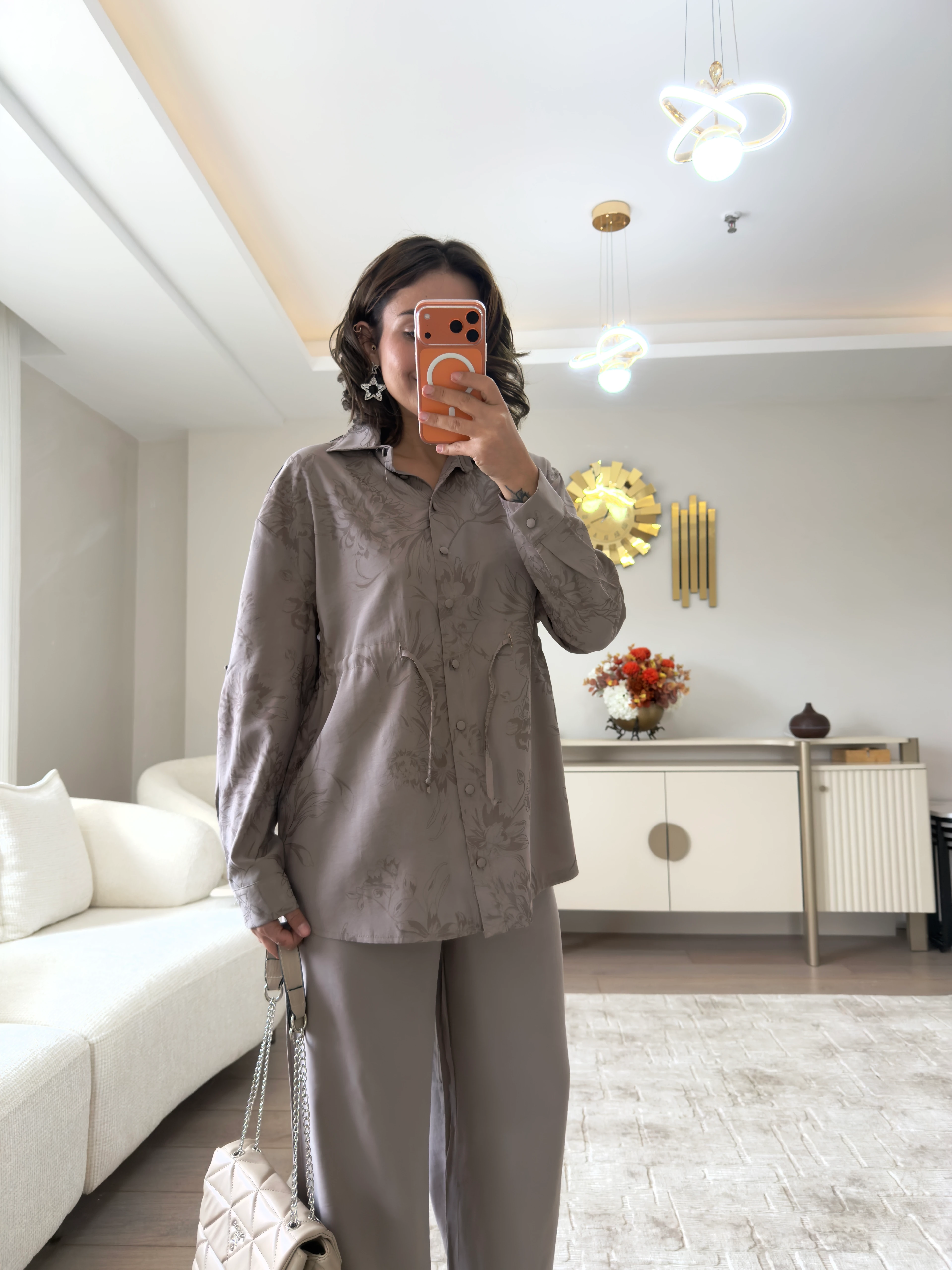 Çiçek Desenli Keten Takım - vizon