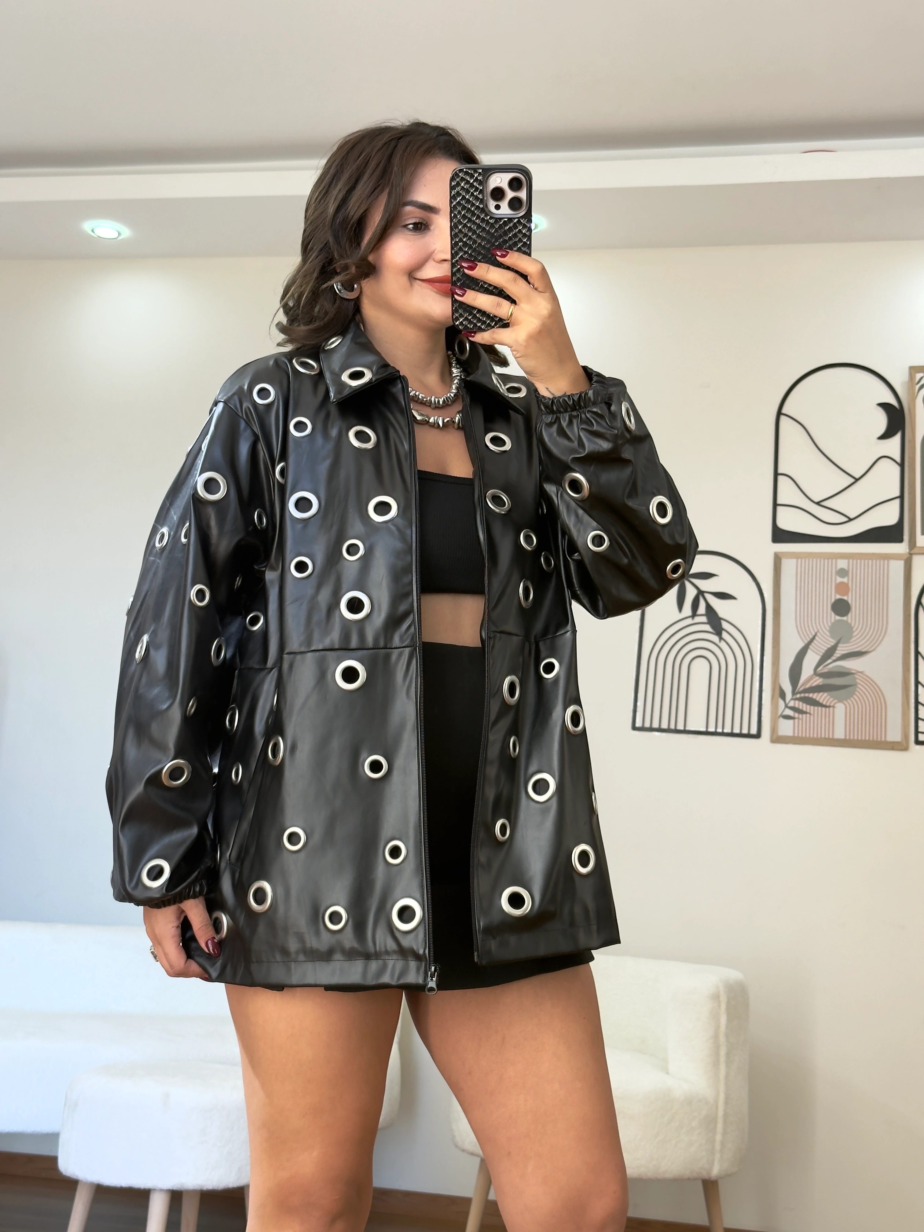 Zra Model Kuş Gözü Detaylı Deri Ceket ( içi astarlı ) - siyah