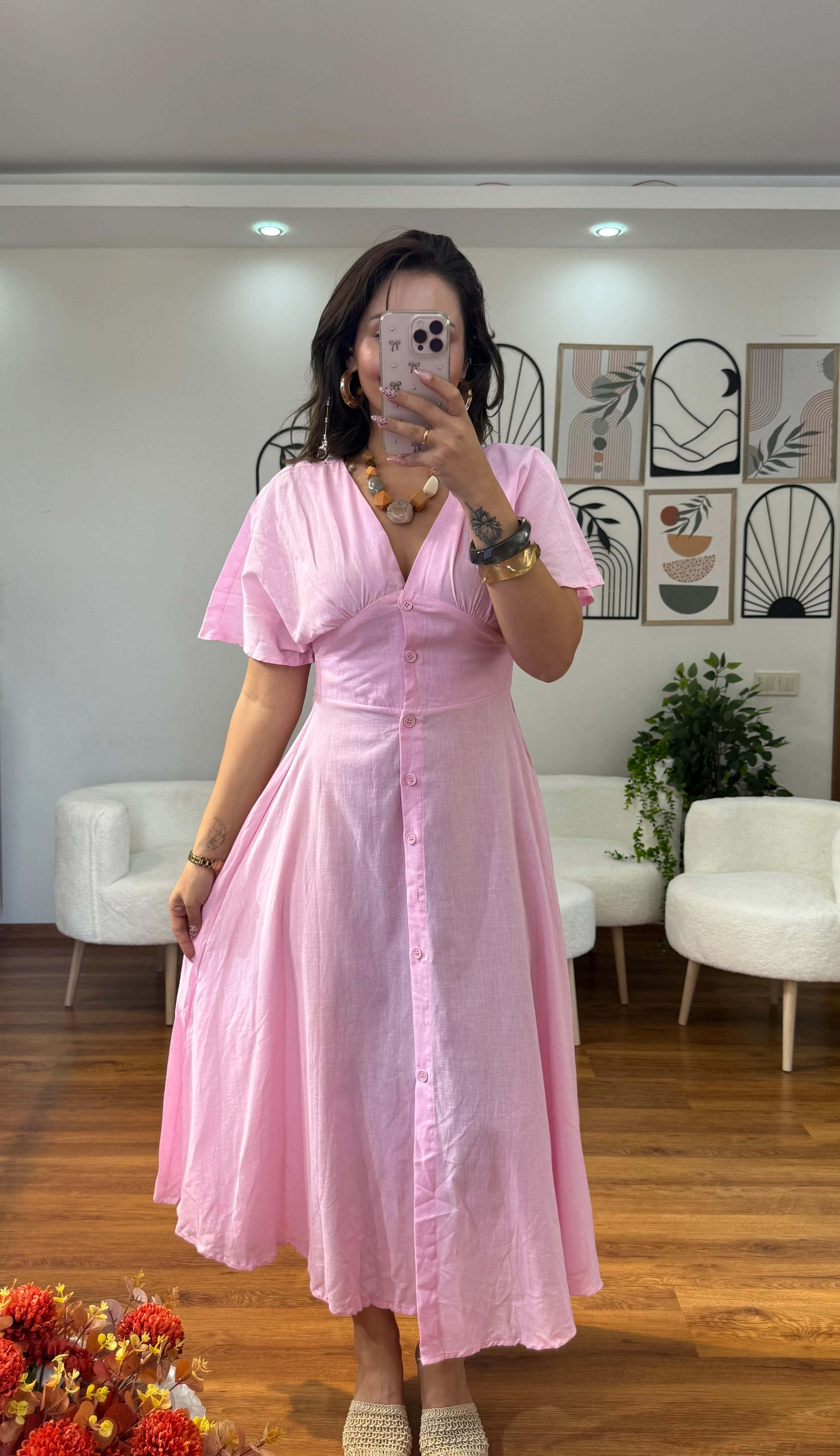 KETEN KUMAŞ PEMBE ELBİSE