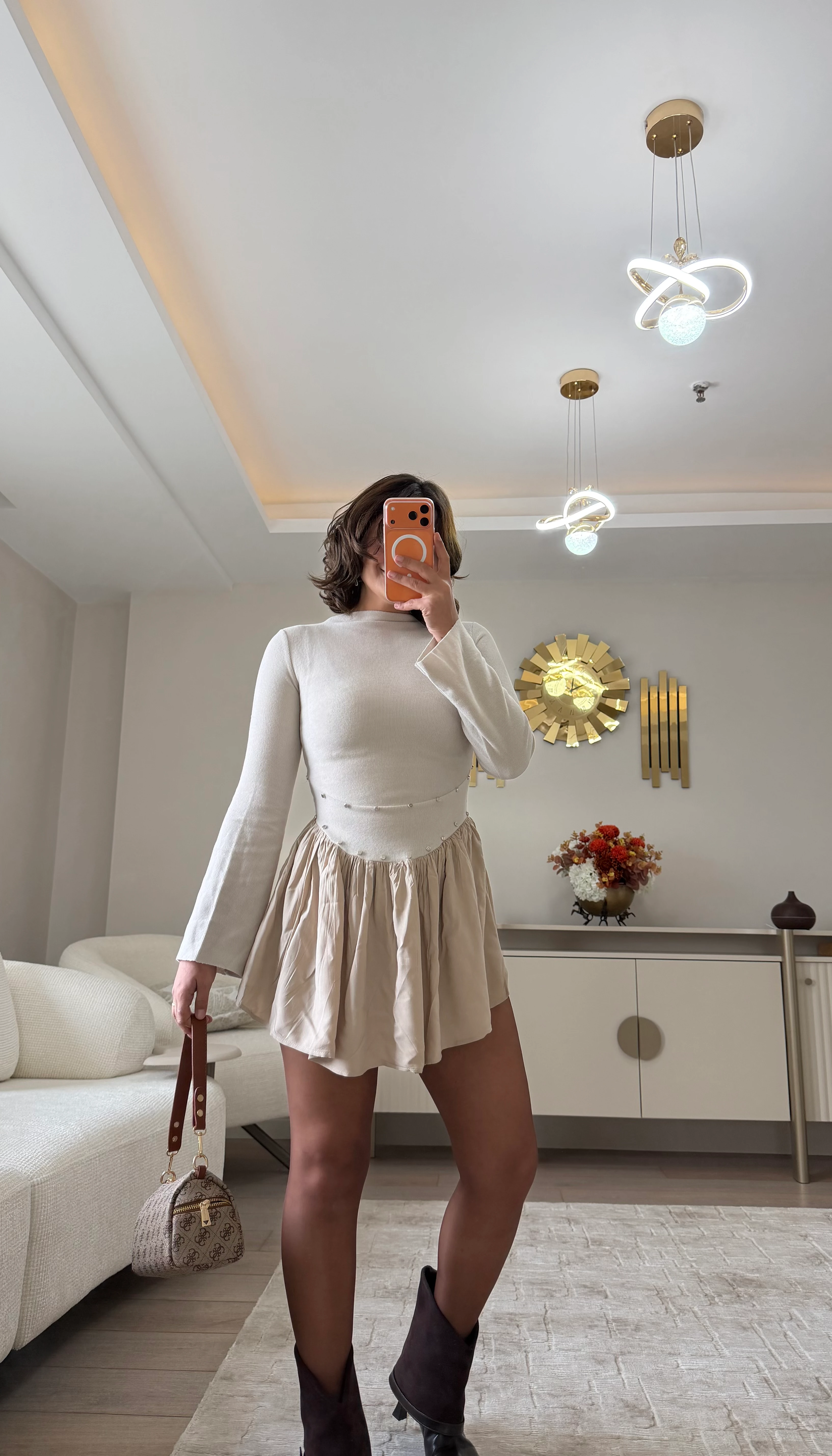 Zımba Detaylı Mini Elbise - bej