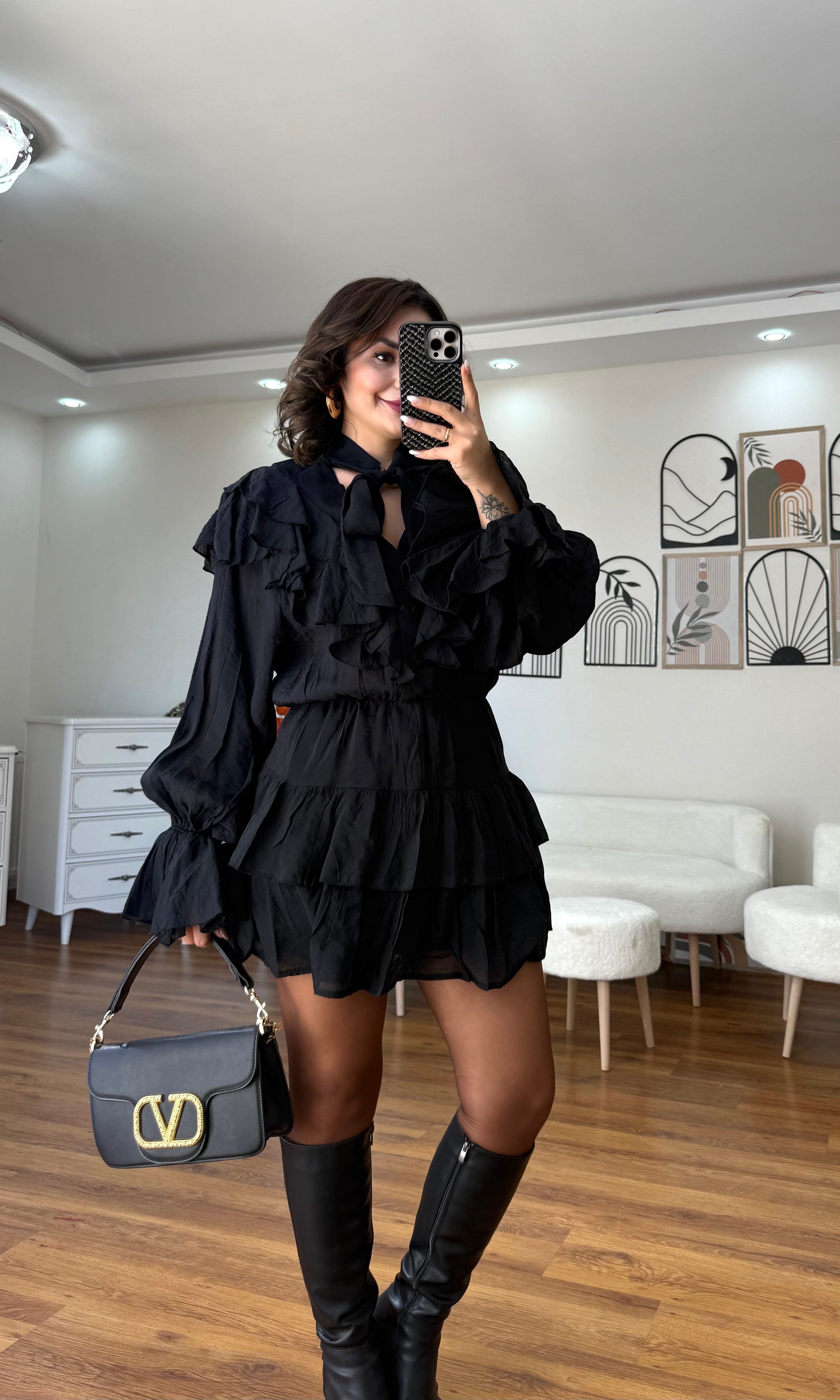Boyundan Bağlamalı Premium Pileli Elbise  - siyah