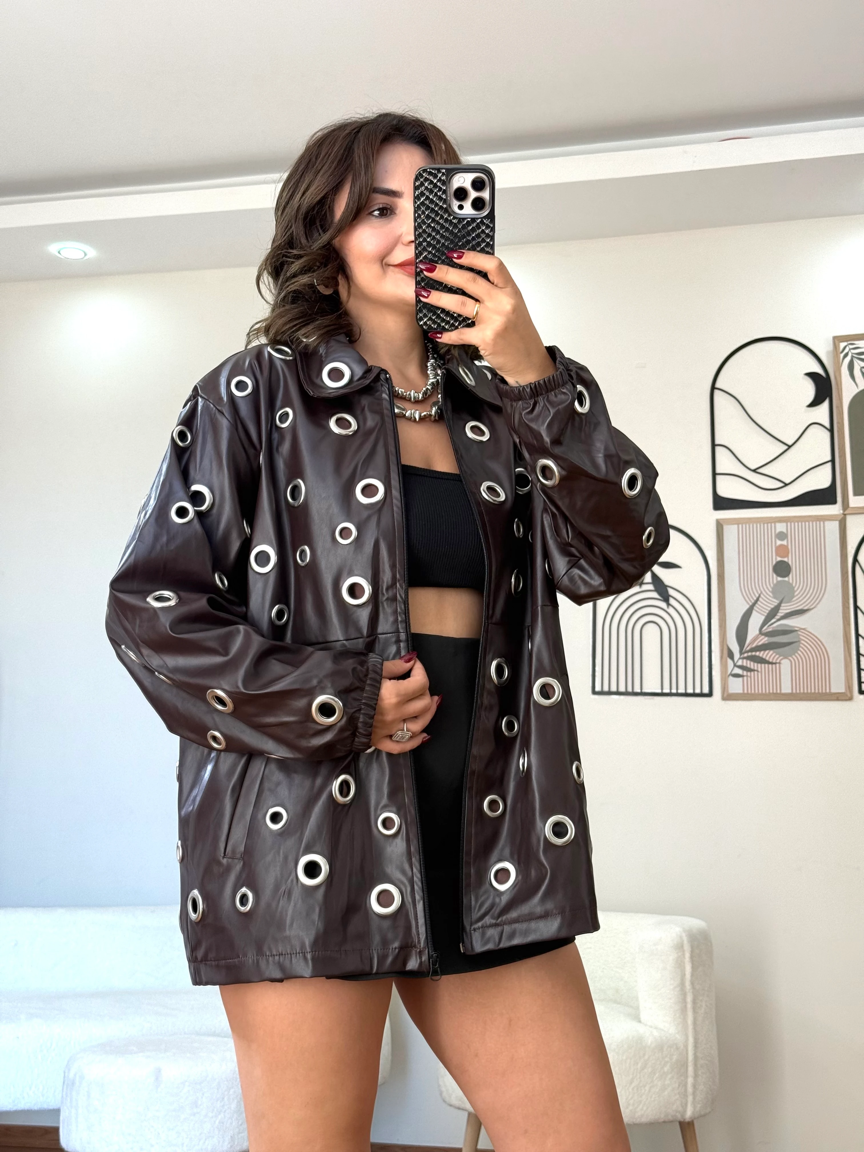 Zra Model Kuş Gözü Detaylı Deri Ceket ( içi astarlı ) - acı kahve 