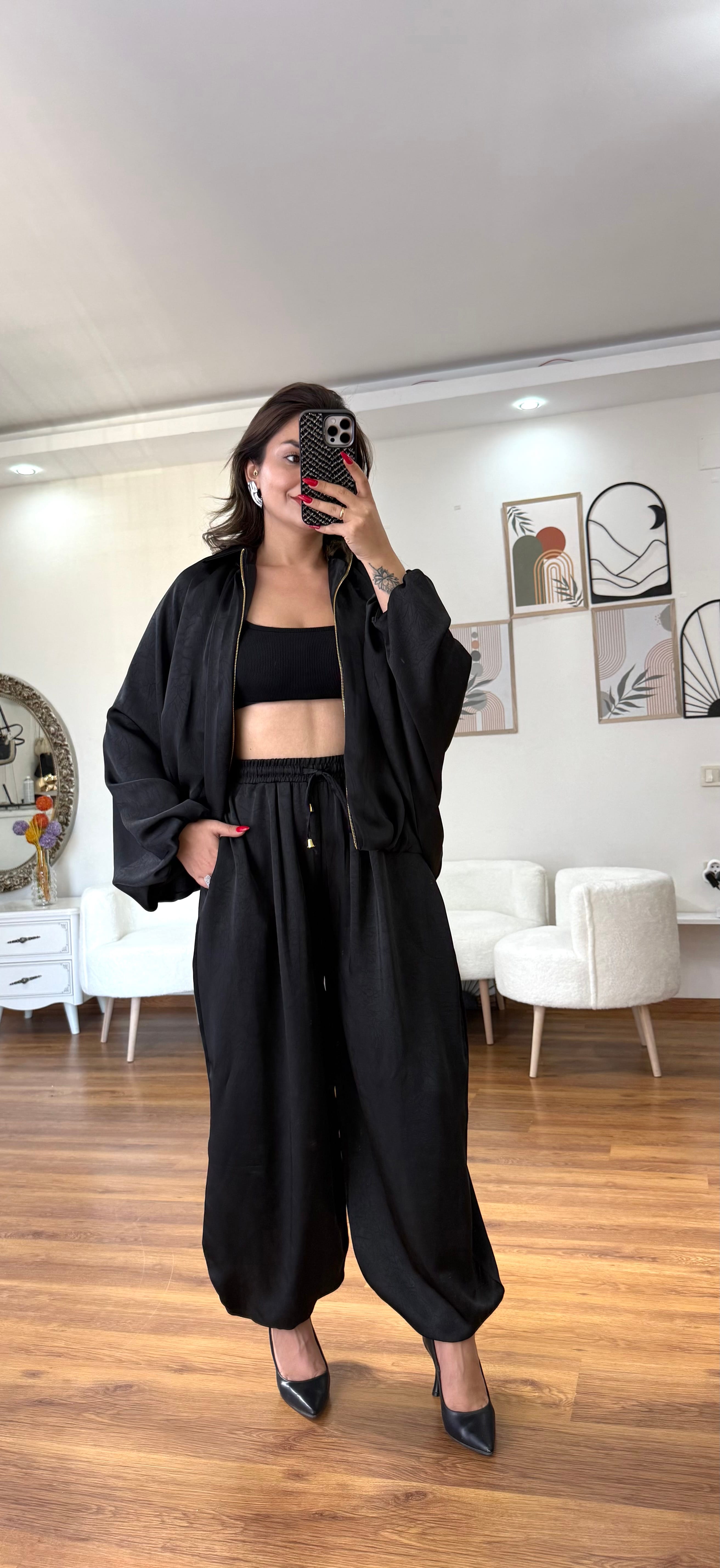 SATEN BOMBER CEKET PANTOLON TAKIM - siyah