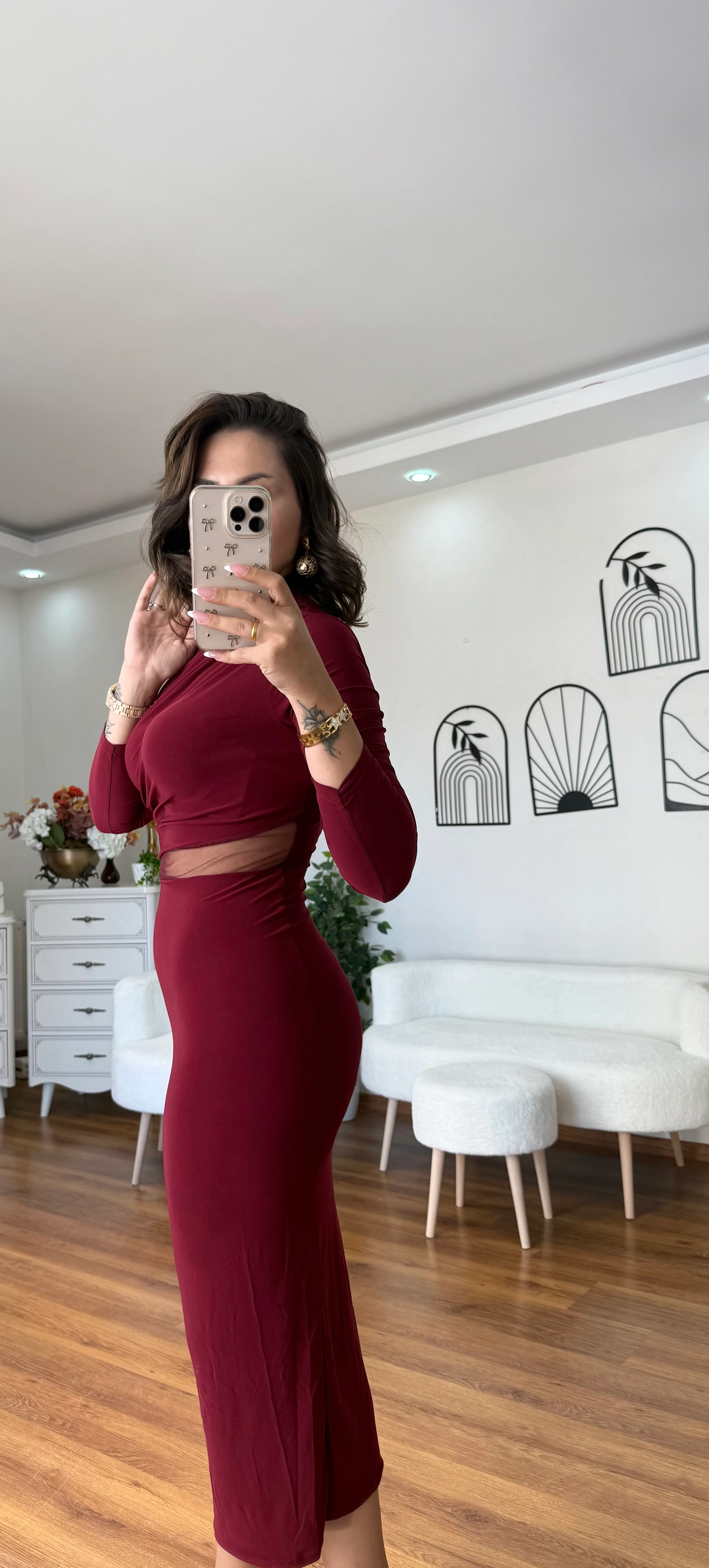 Beli Tül Bordo Elbise