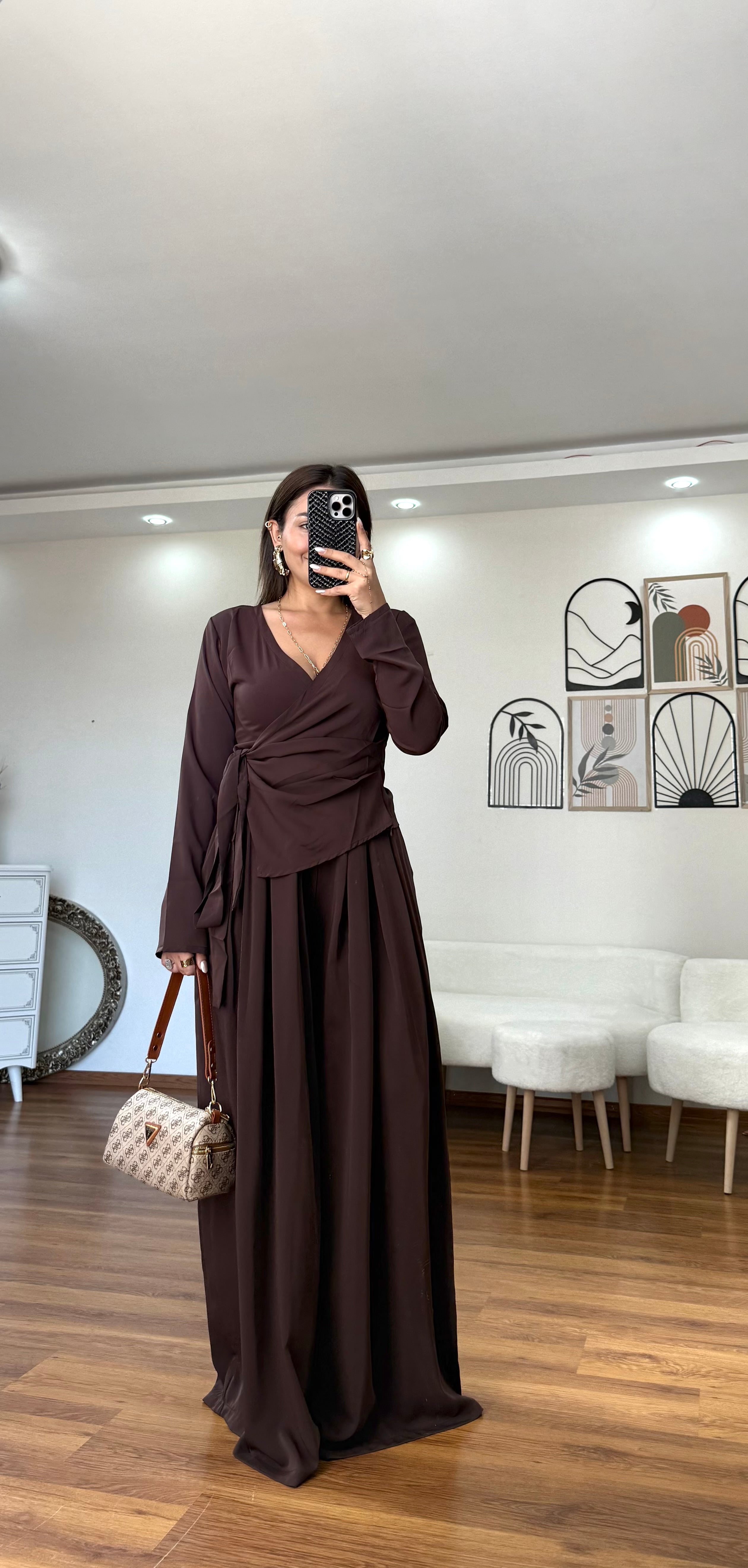 Üstü Kruvaze Pileli Pantolon Takım  - acı kahve 