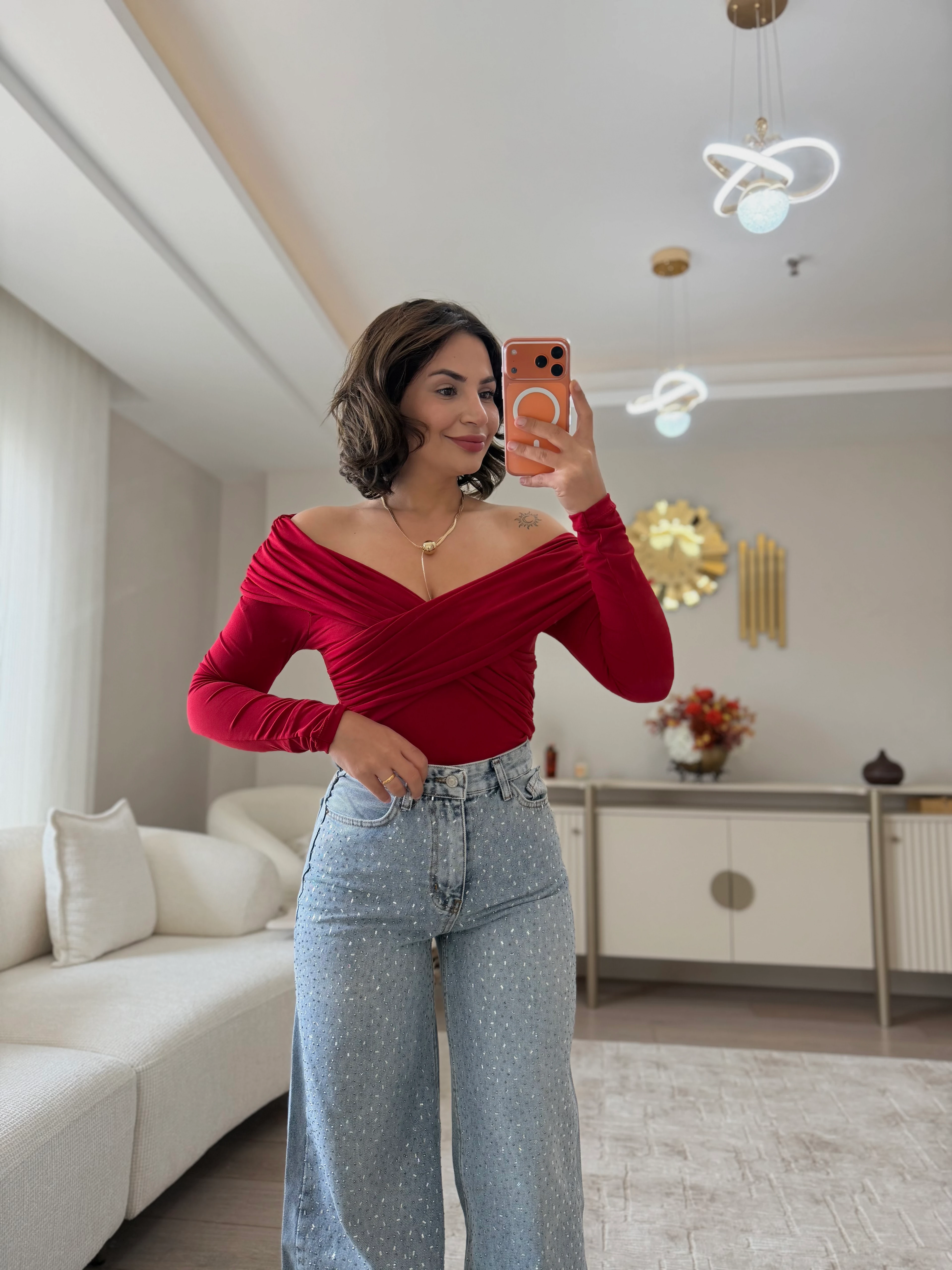 Çapraz Düşük Omuz Bluz - Kırmızı