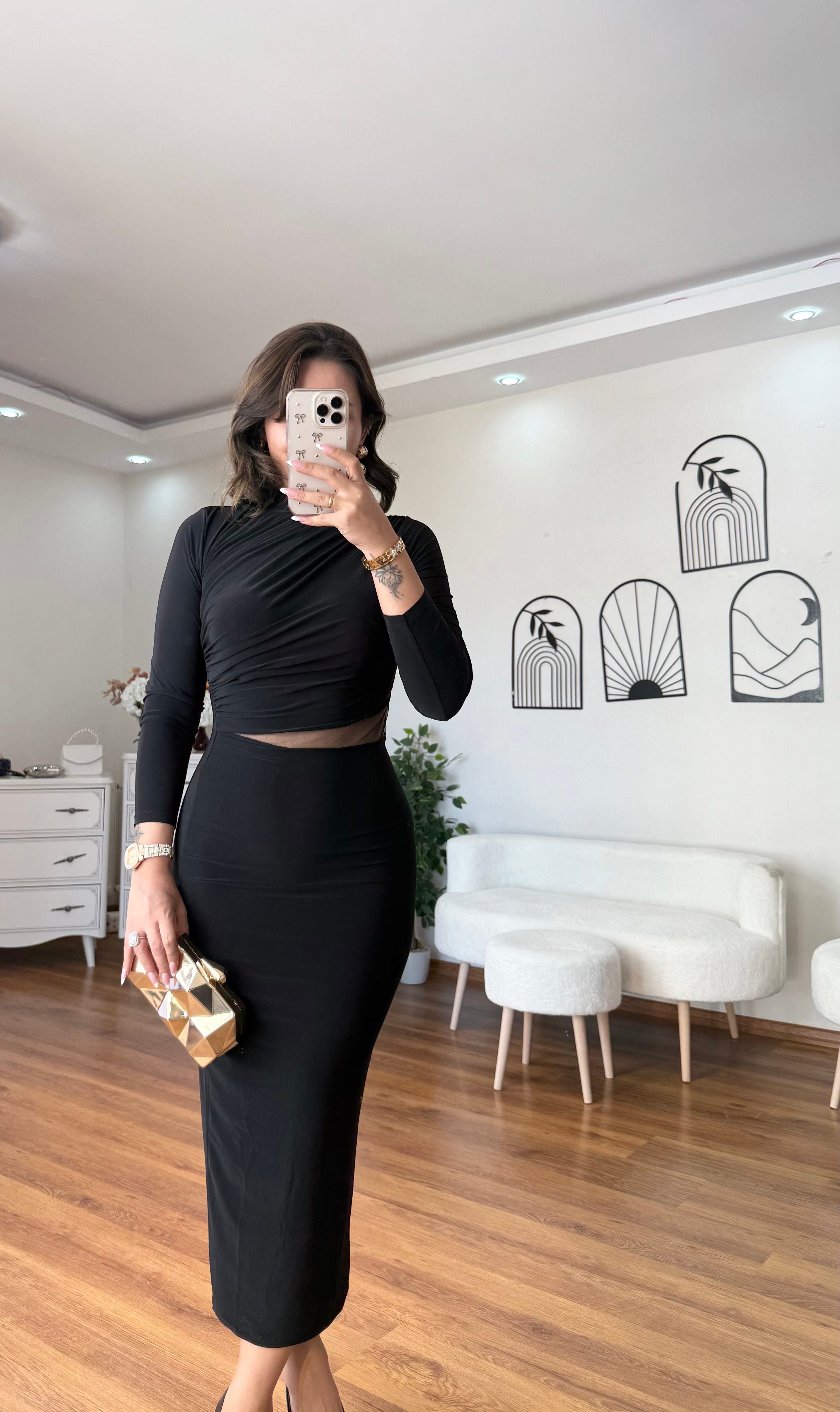 Beli Tül Siyah Elbise