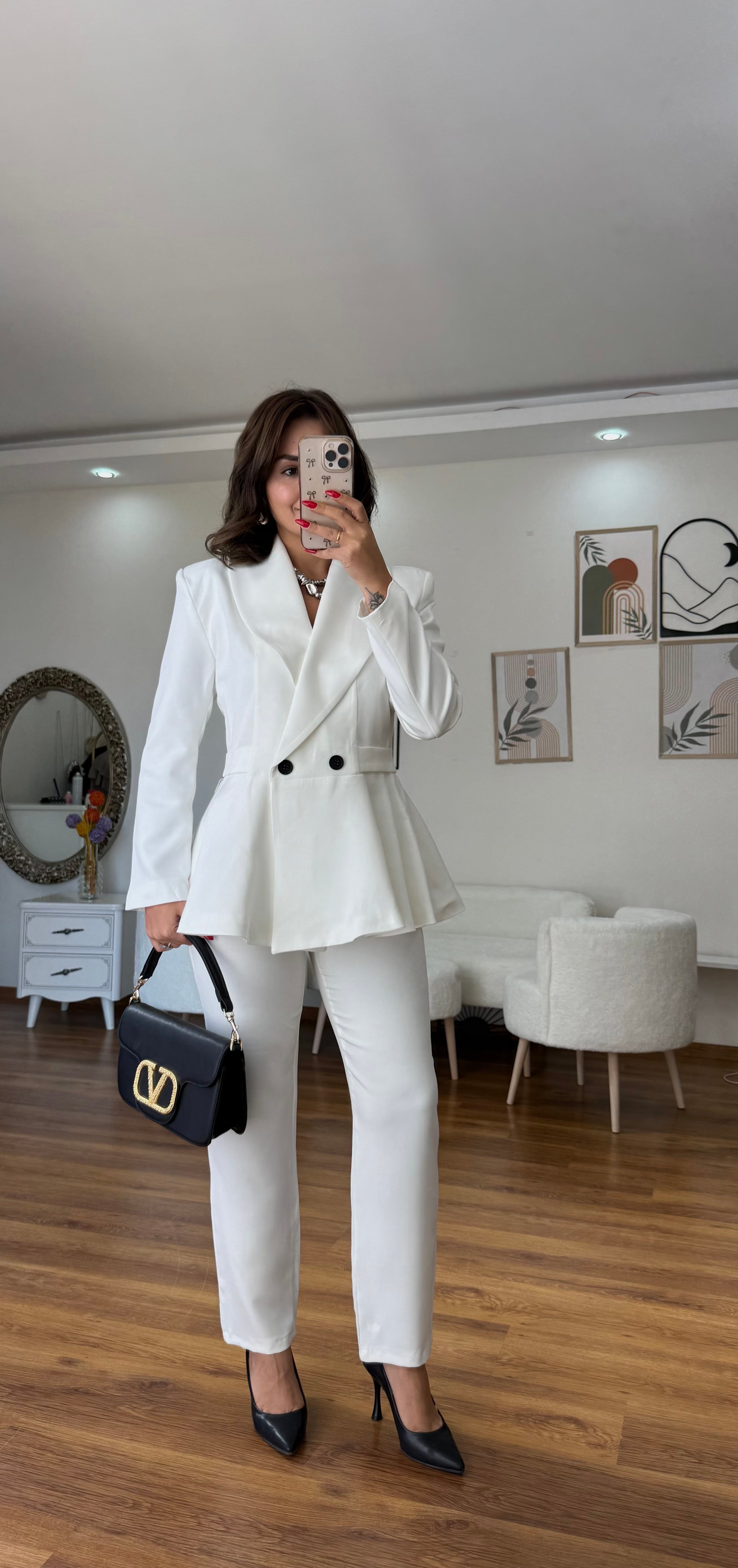 Pileli Ceket Pantolon Takım  Beyaz 