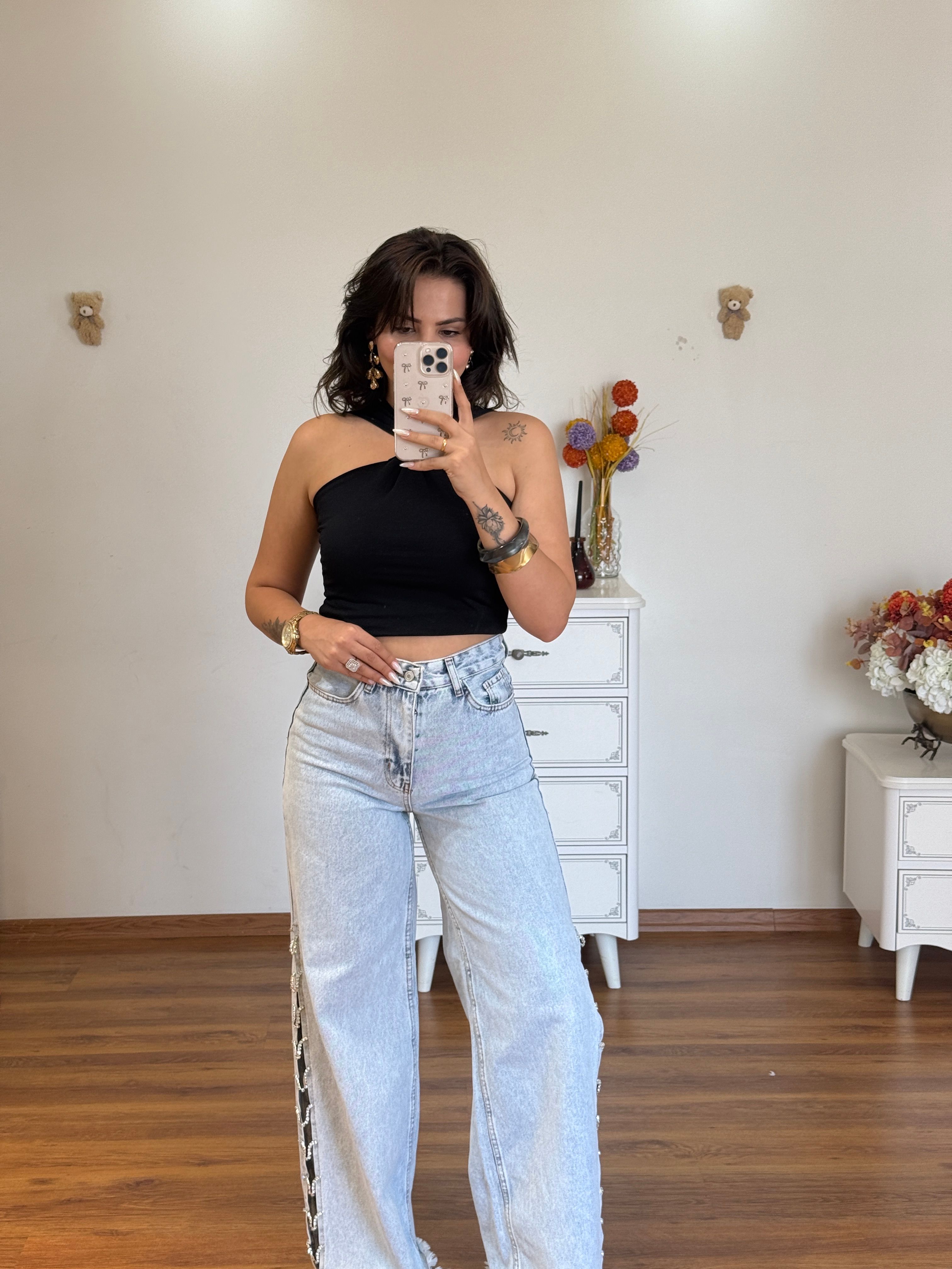 Premium yüksel bel taşlı jean