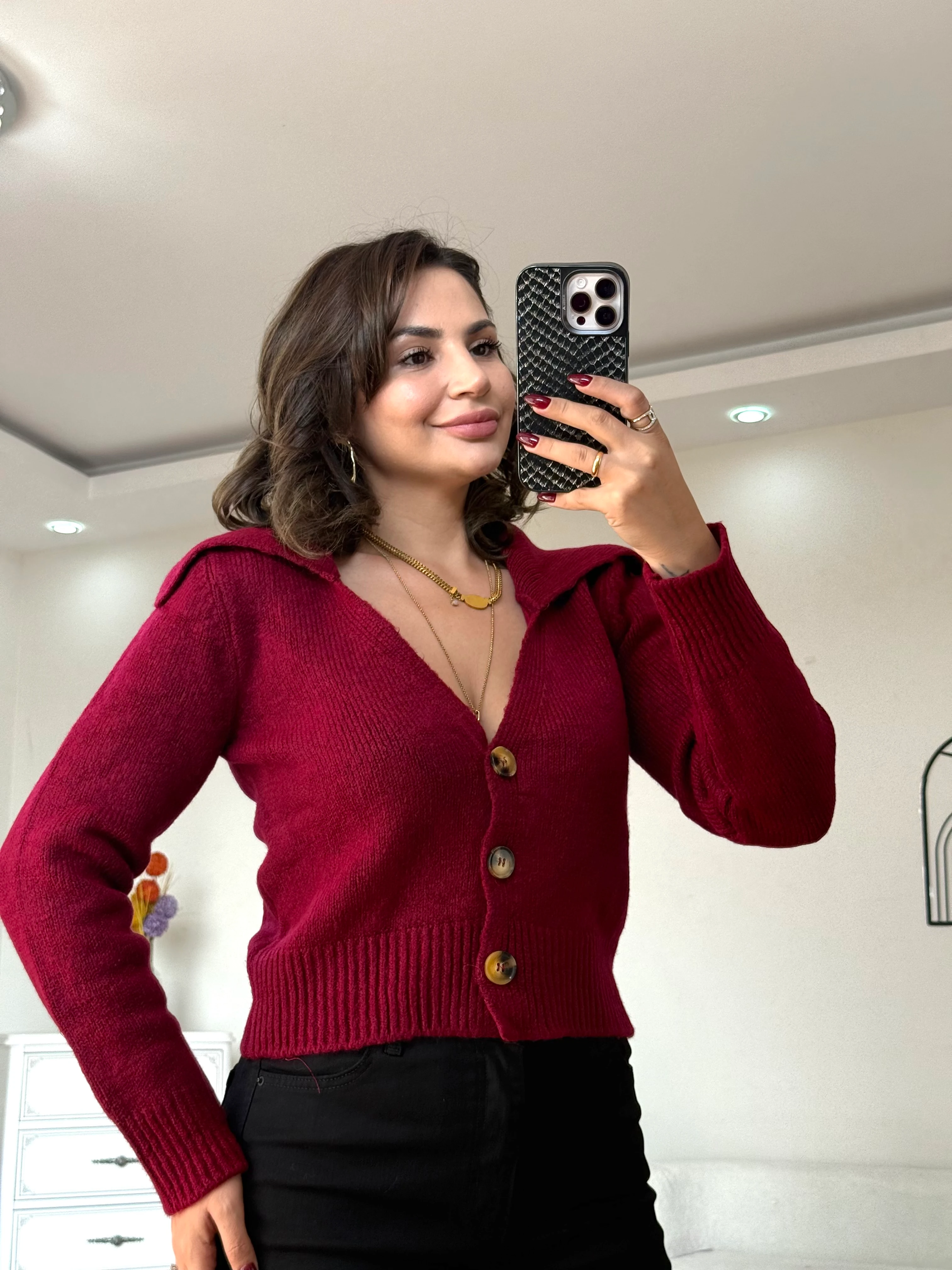 Şal Yaka Hırka - Bordo