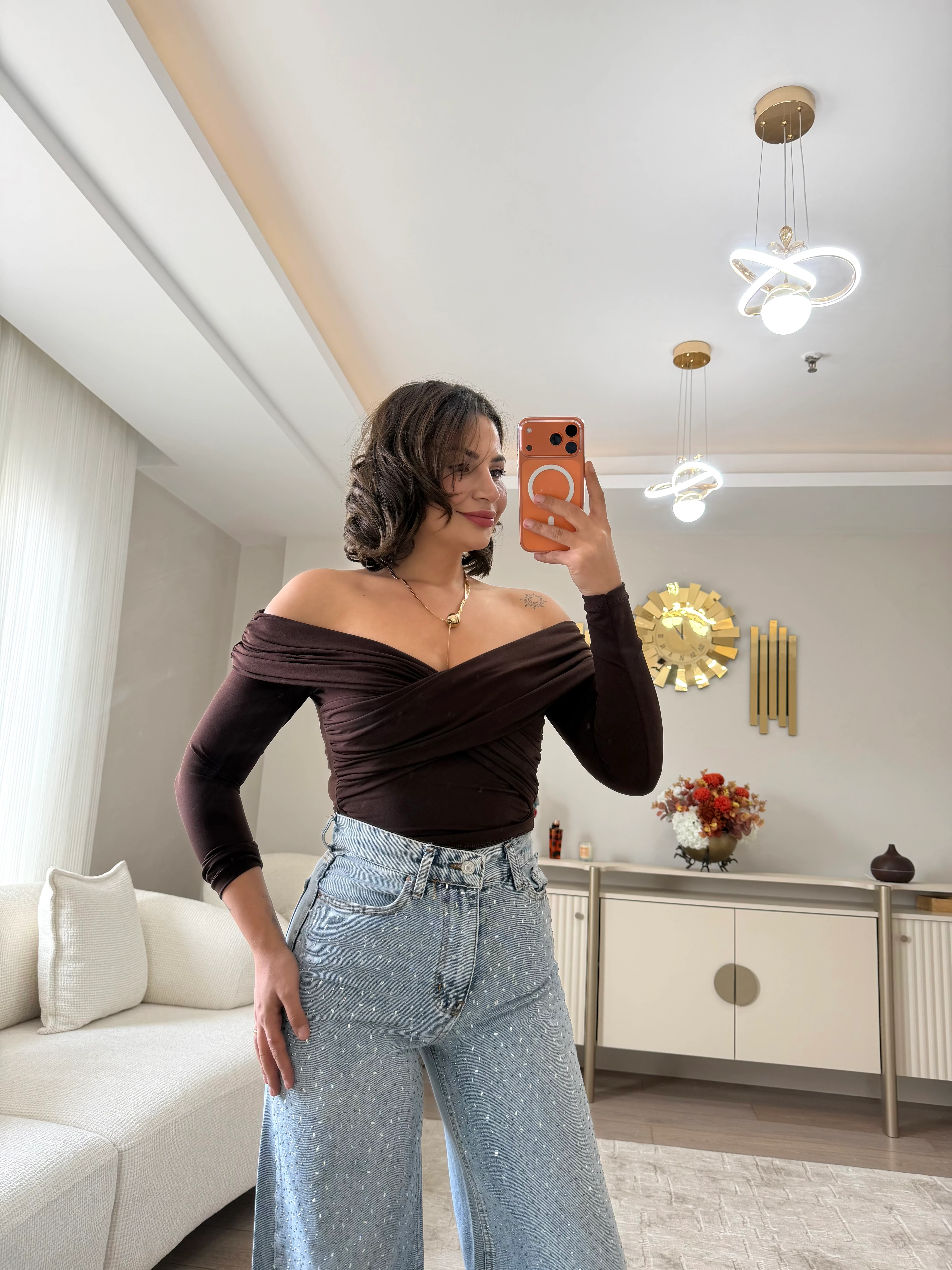 Çapraz Düşük Omuz Bluz - acı kahve 