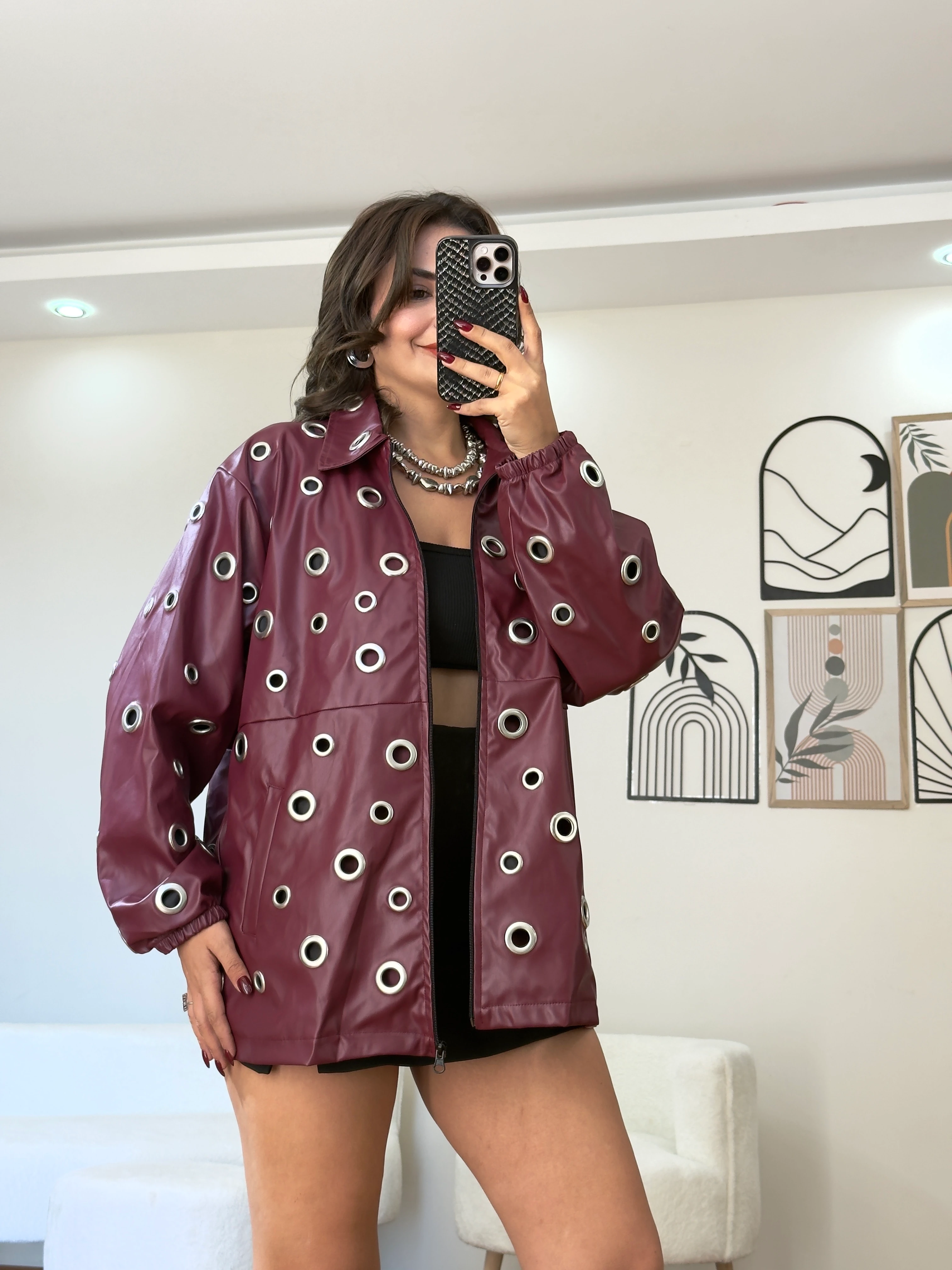 Zra Model Kuş Gözü Detaylı Deri Ceket ( içi astarlı ) - Bordo