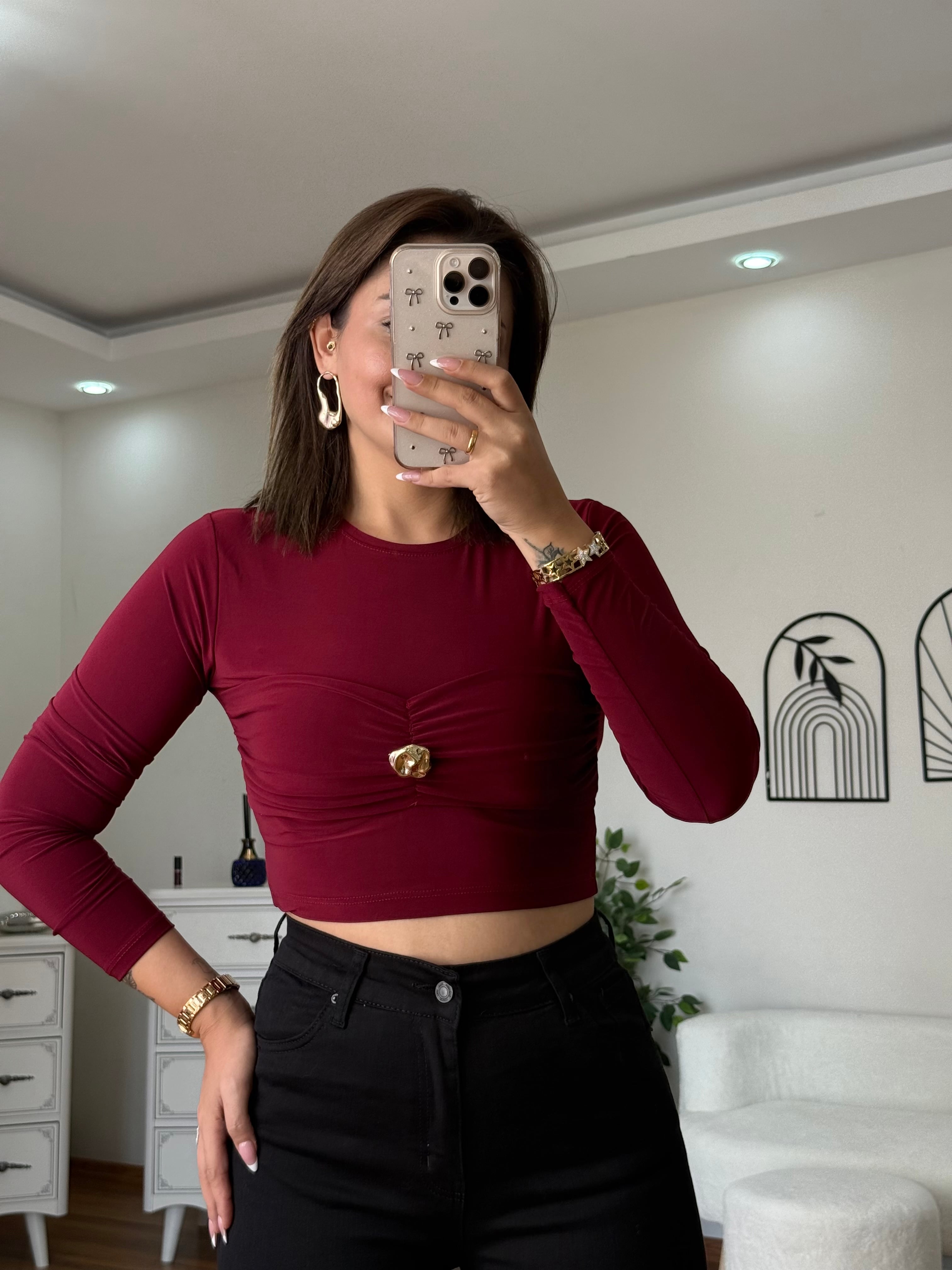 Büzgülü Gold Düğmeli Bluz - Bordo