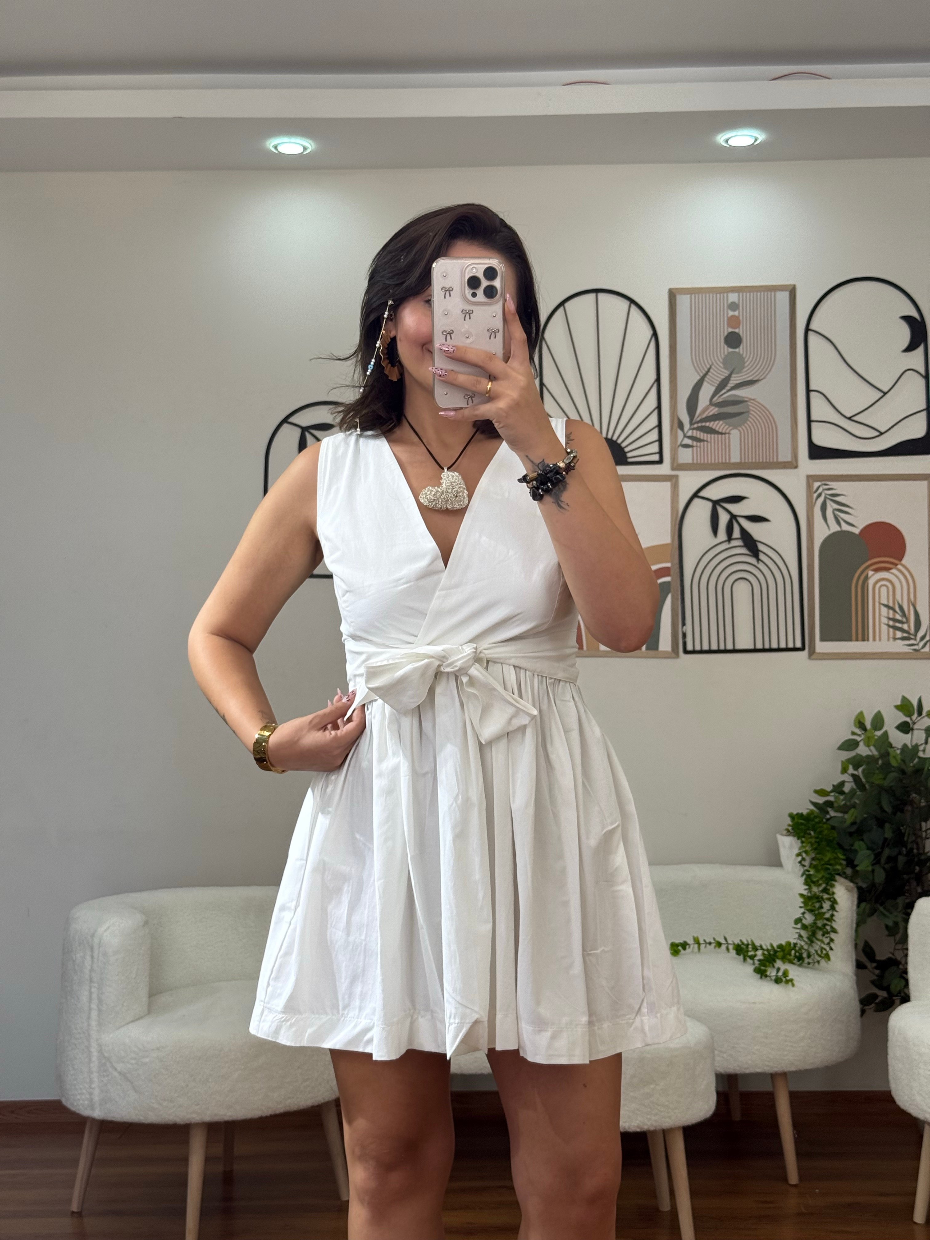poplin kumaş pileli kemerli elbise 