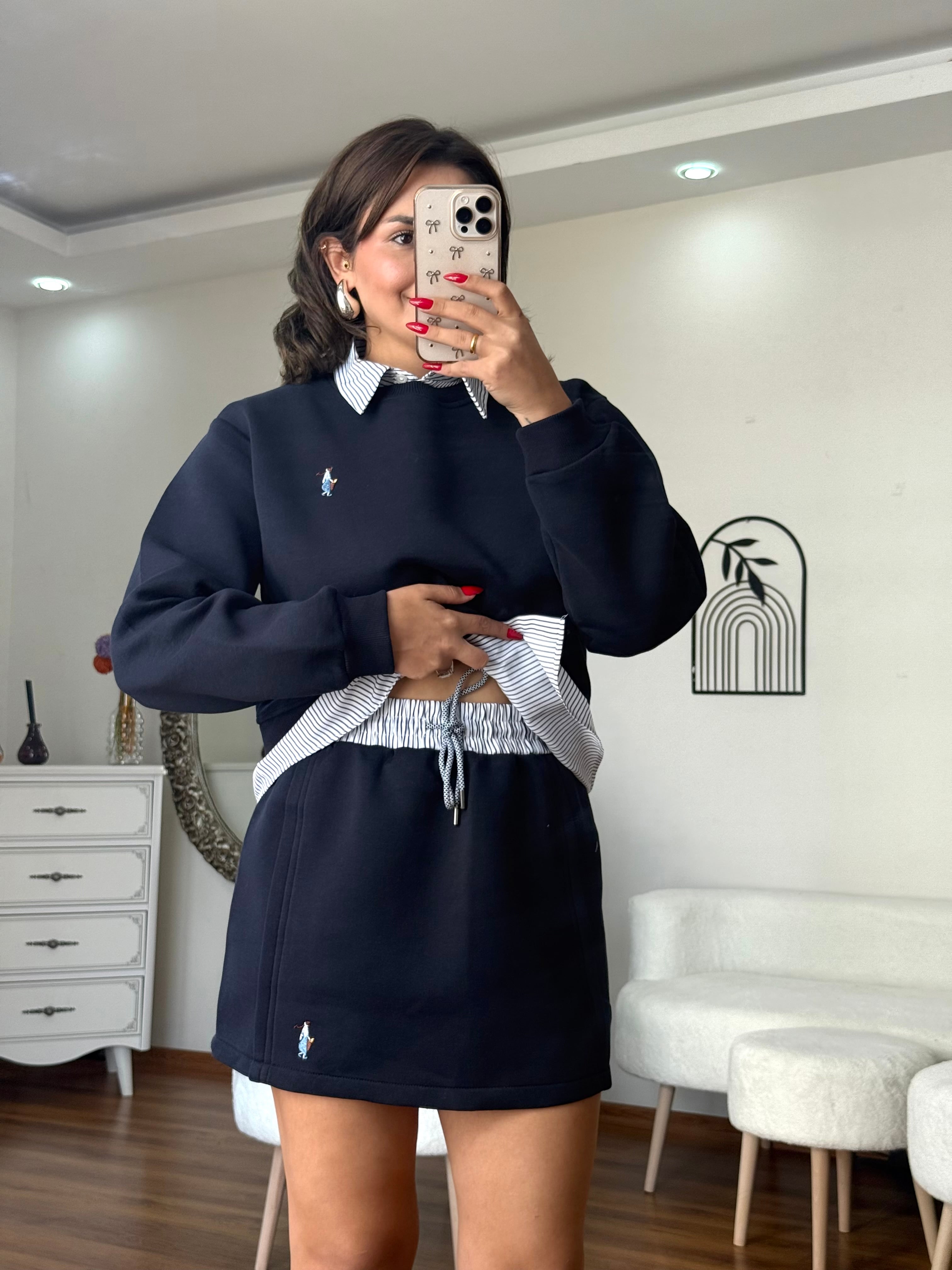 Lacivert Beyaz Çizgili Yaka Detaylı Sweat Etek takım 