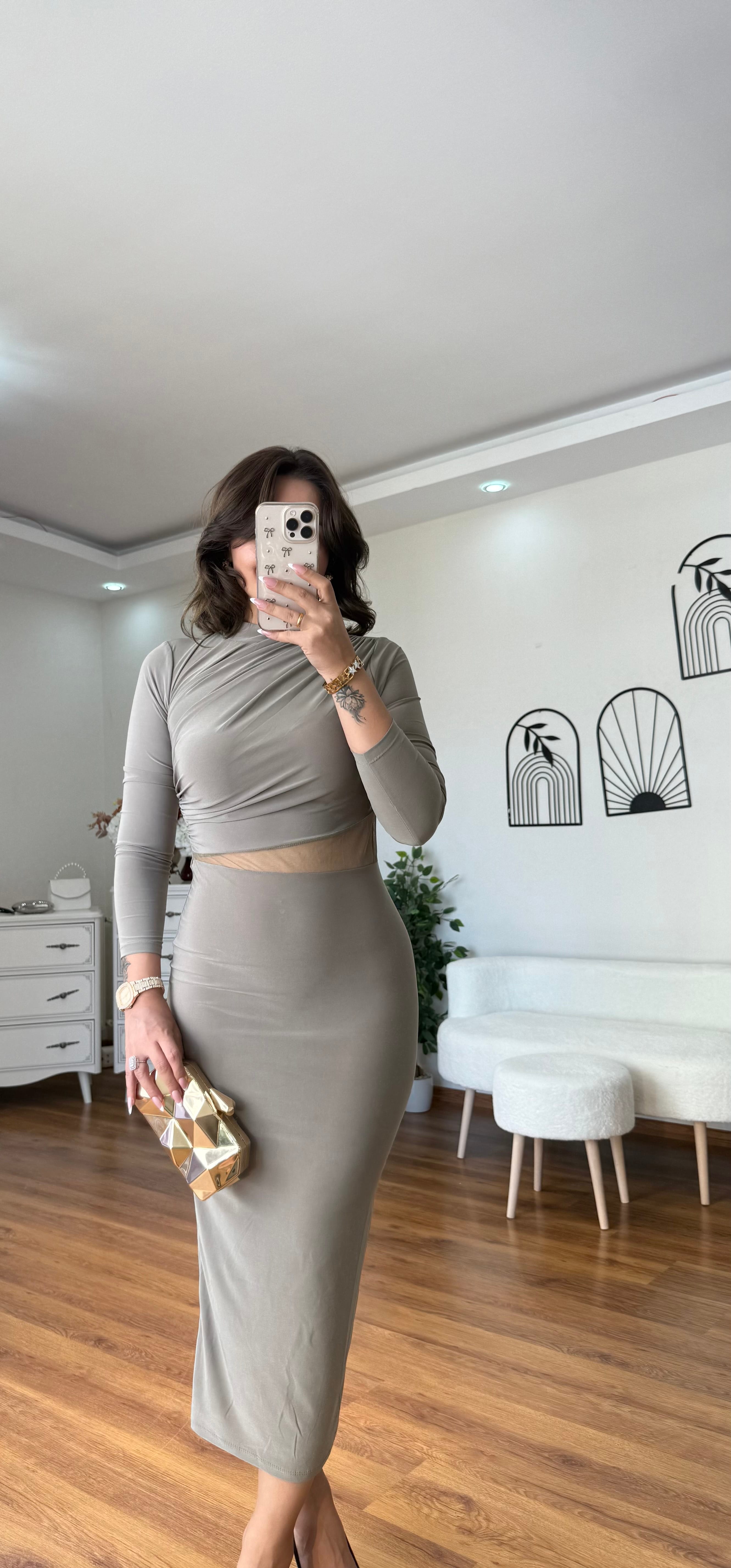Beli Tül Çağla Yeşili Elbise