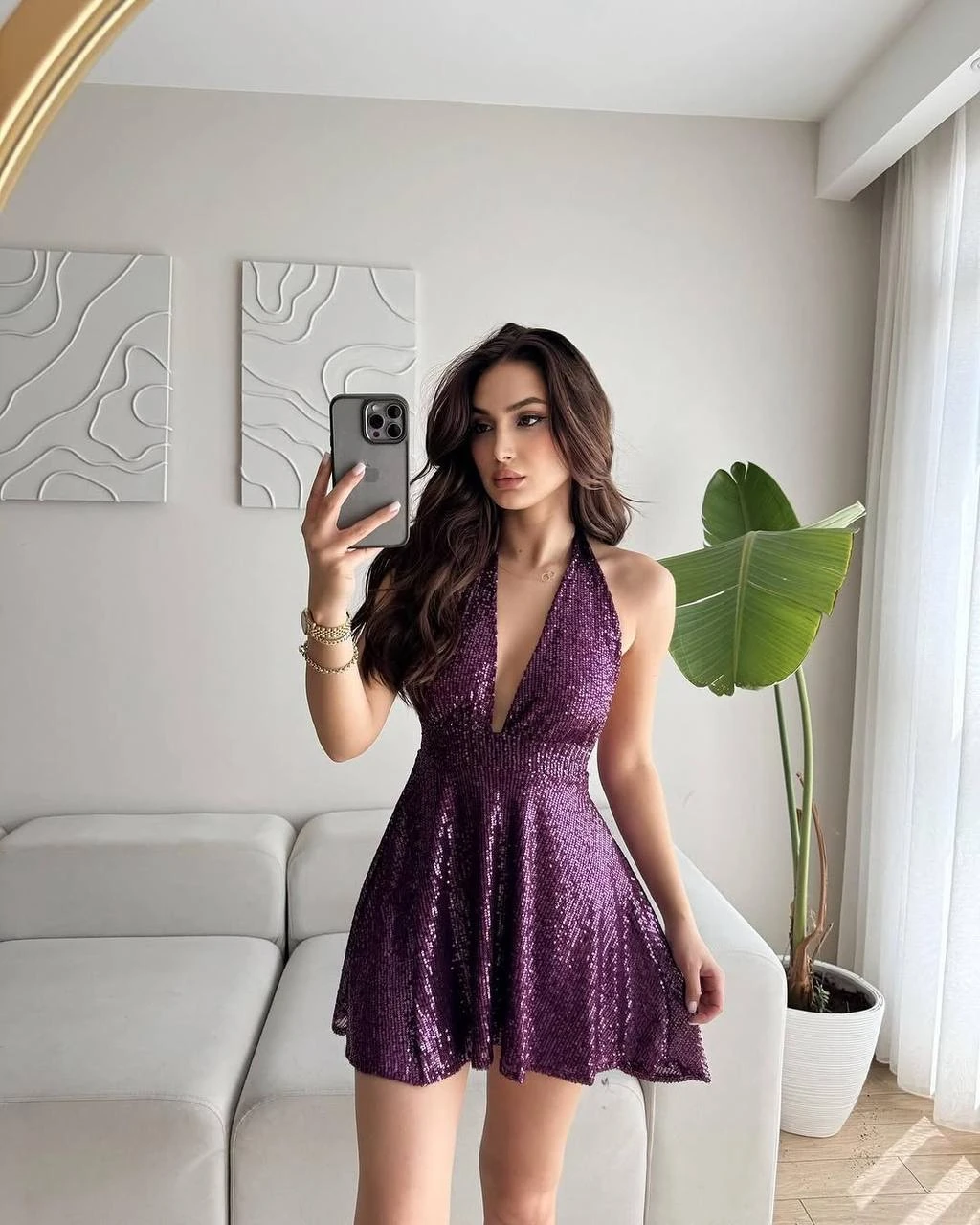 Nova Halter Yaka Payet Elbise  - mor