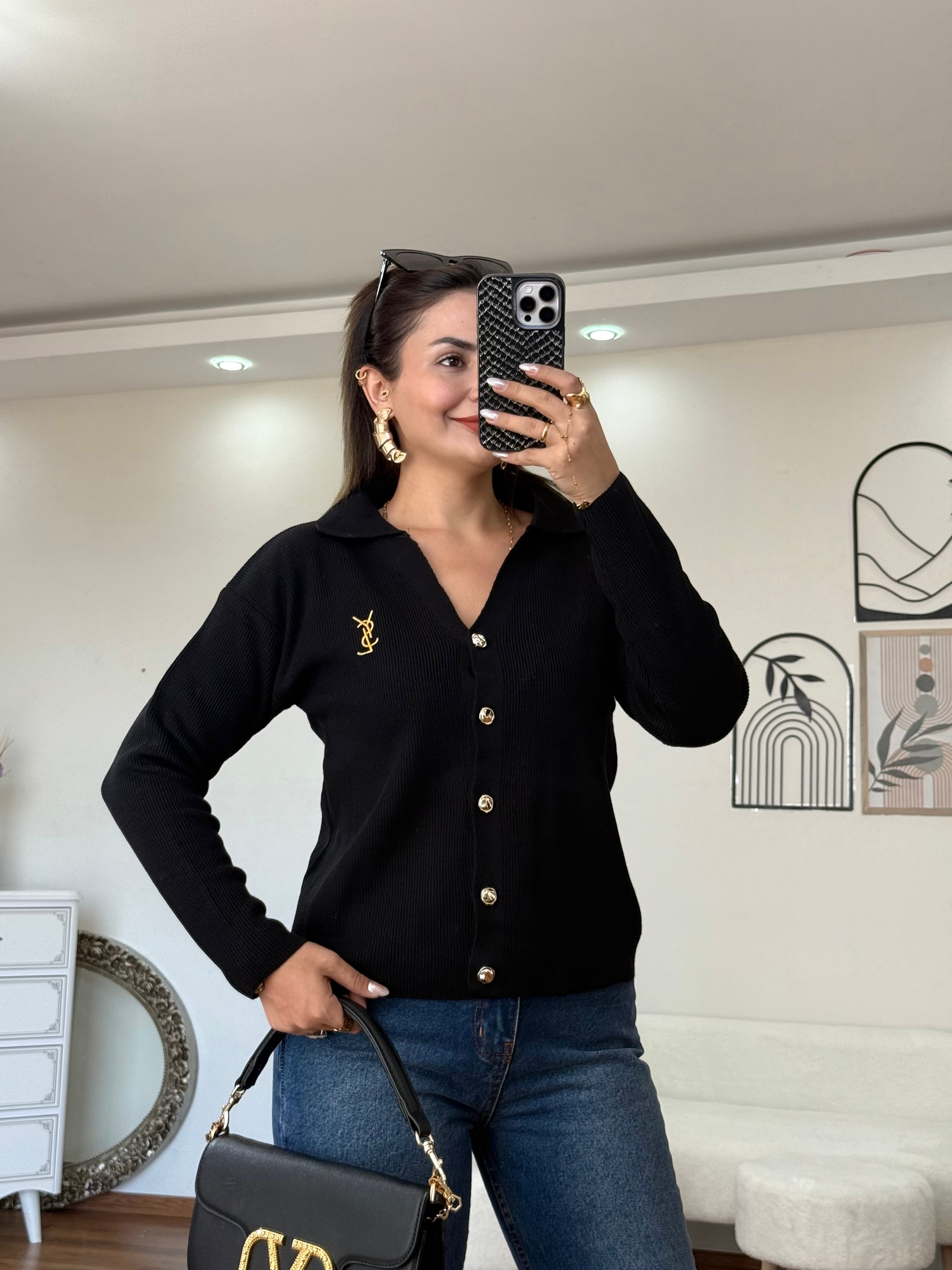 YSL Gold Düğmeli Hırka  - siyah