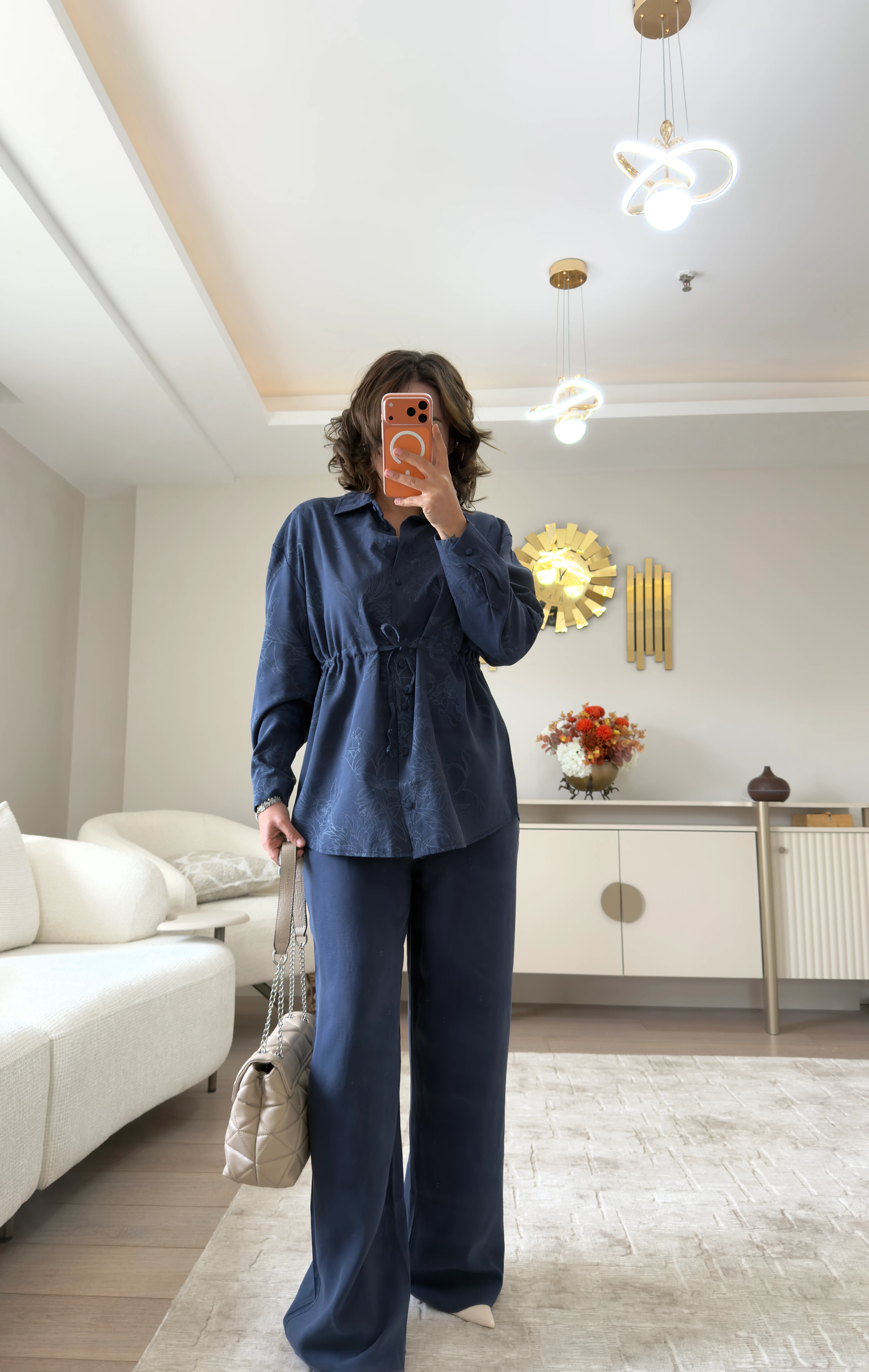 Çiçek Desenli Keten Takım - lacivert 