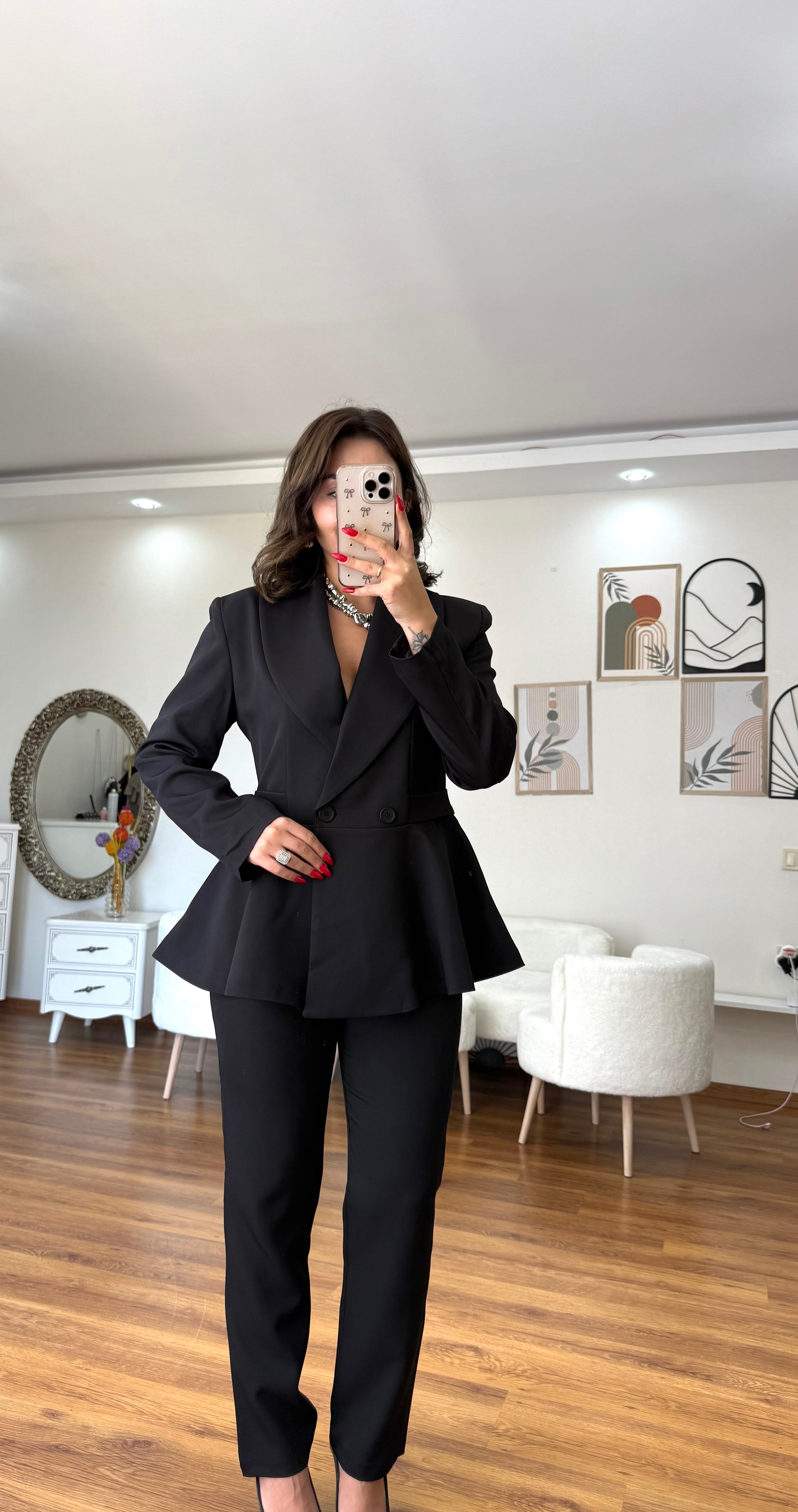 Pileli Ceket Pantolon Takım  Siyah
