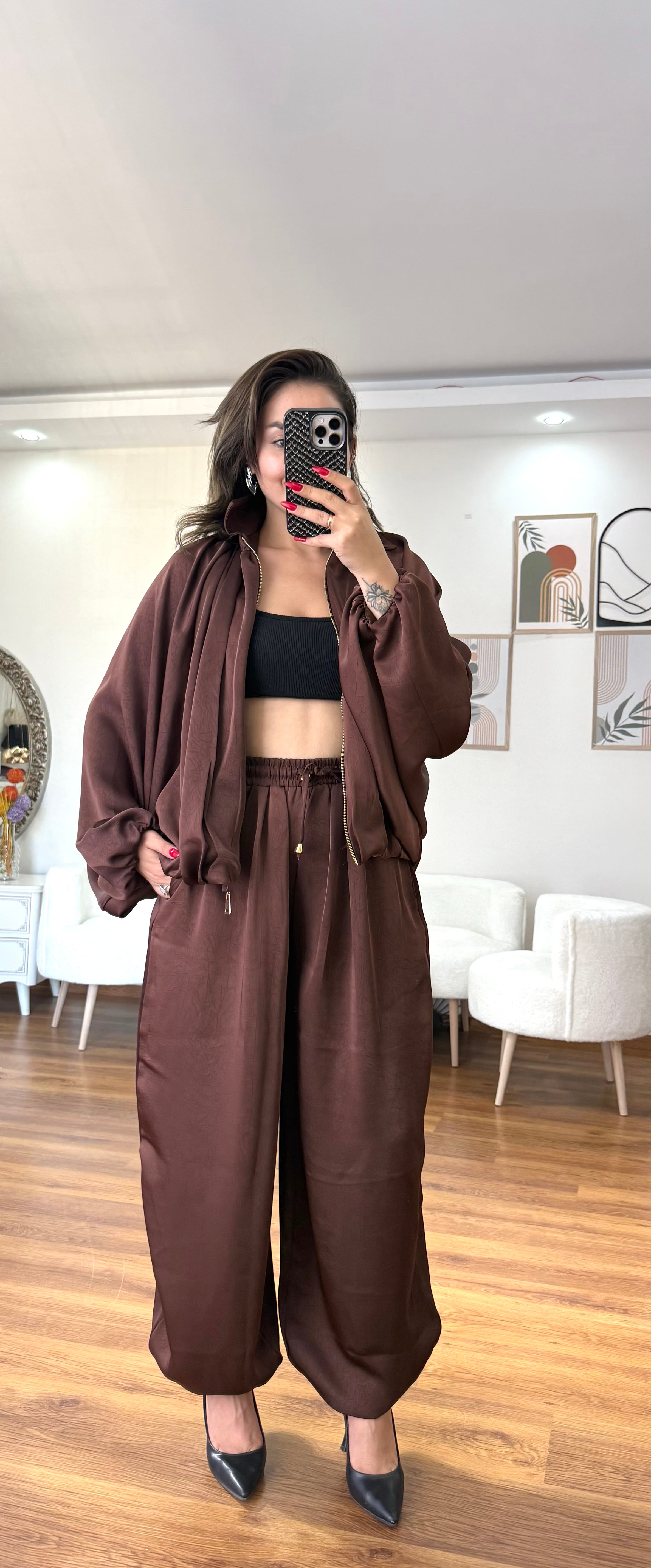 SATEN BOMBER CEKET PANTOLON TAKIM - acı kahve 