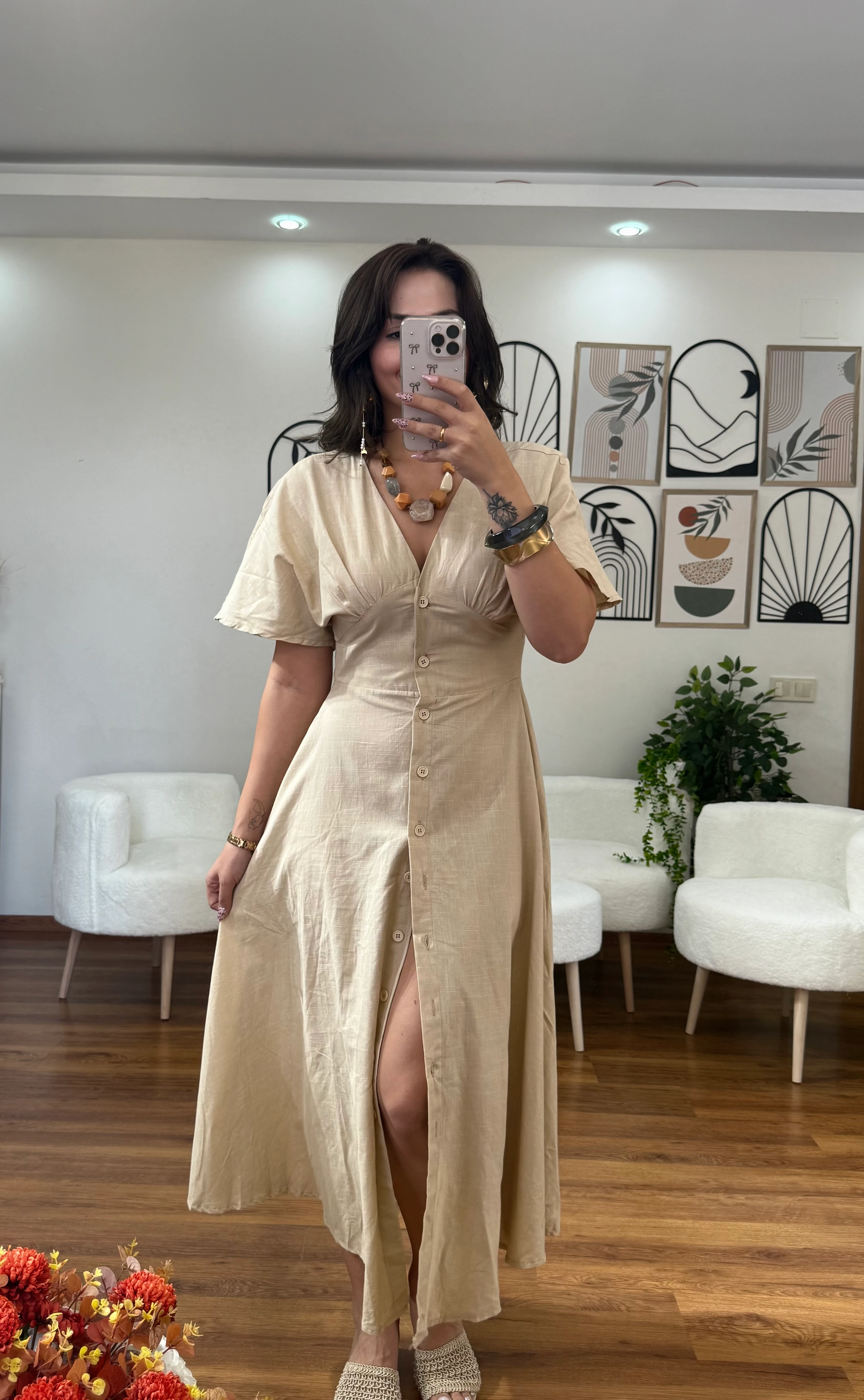 KETEN KUMAŞ BEJ ELBİSE 