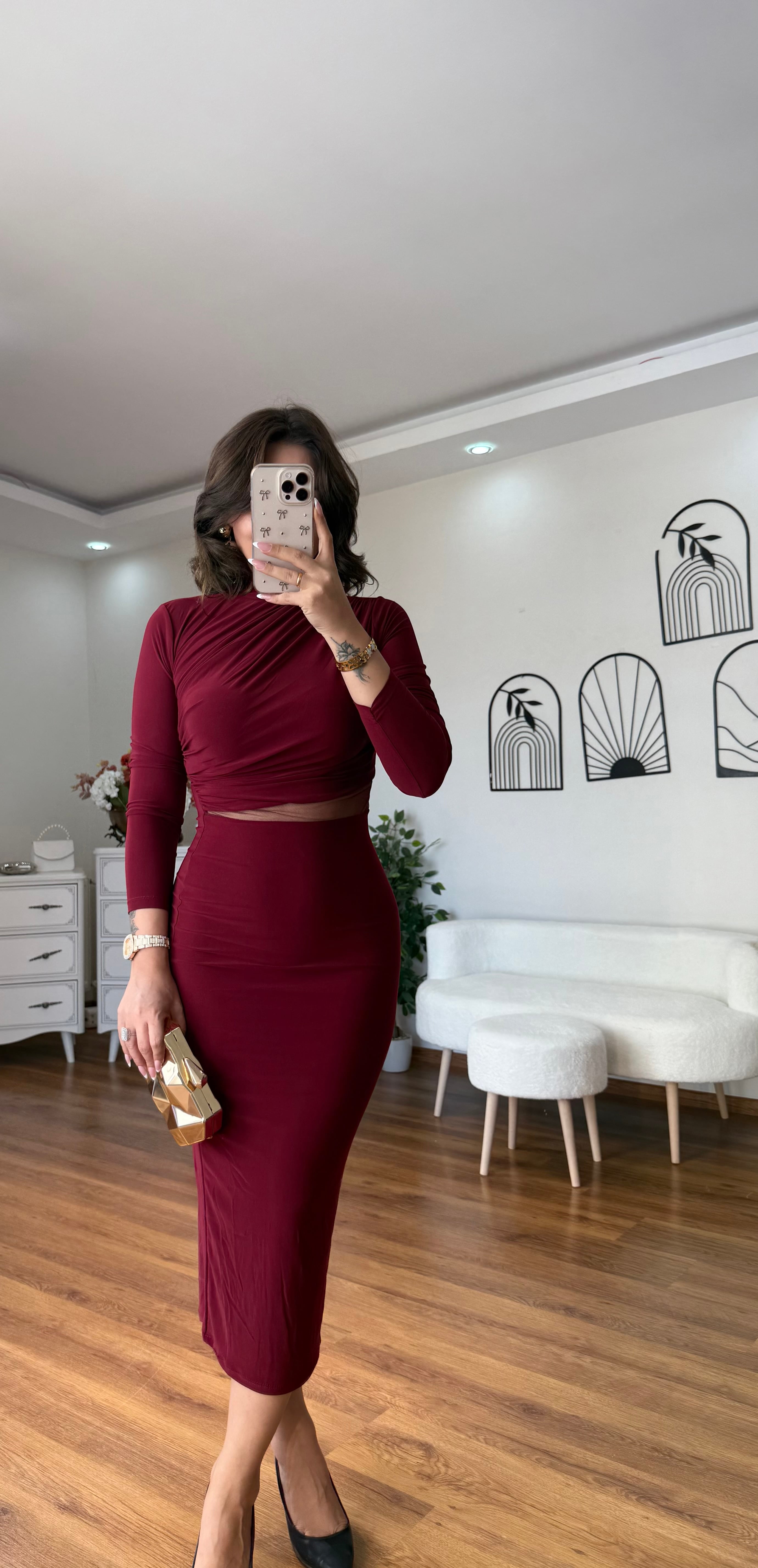 Beli Tül Bordo Elbise
