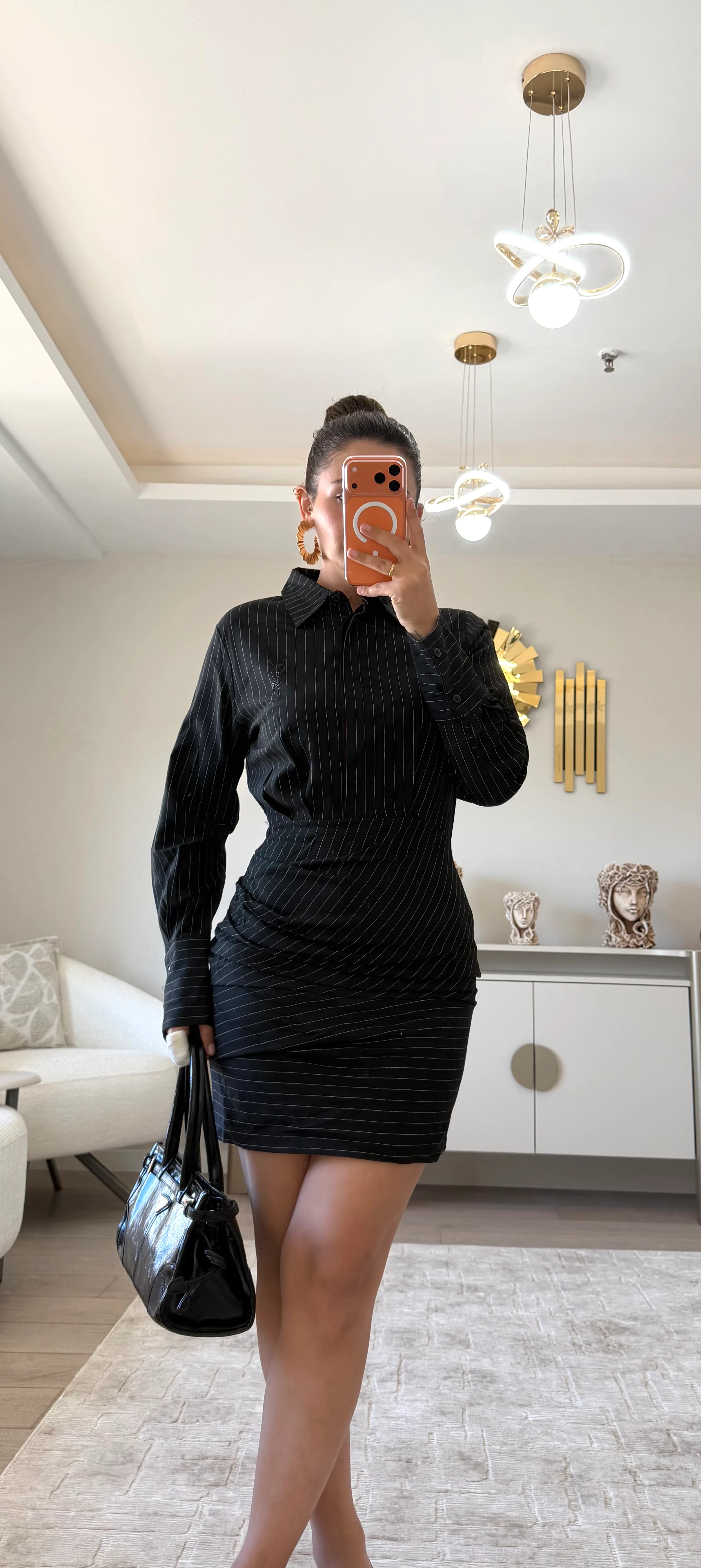  Taş İşlemeli Gömlek Elbise  - siyah