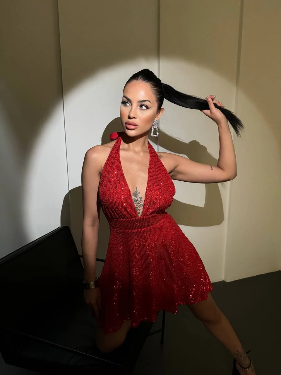 Nova Halter Yaka Payet Elbise  - Kırmızı