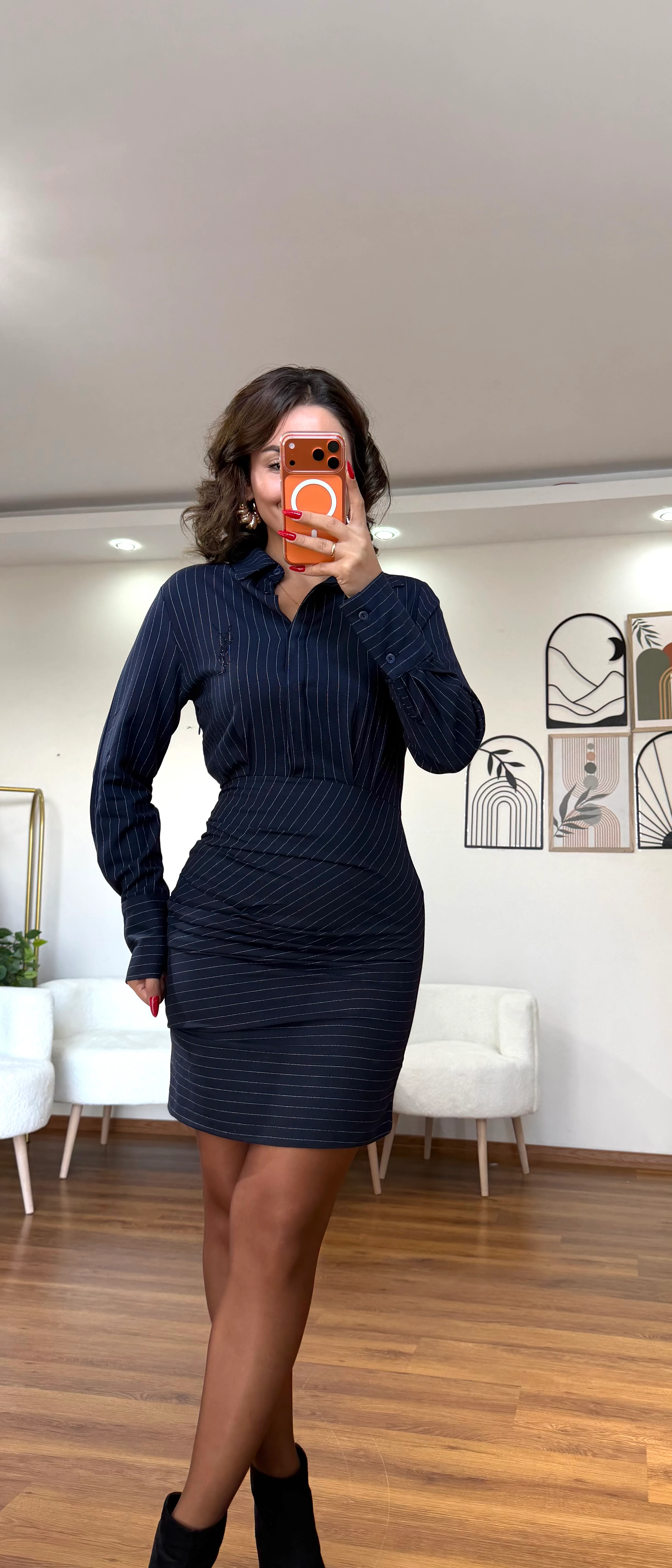  Taş İşlemeli Gömlek Elbise  - lacivert 