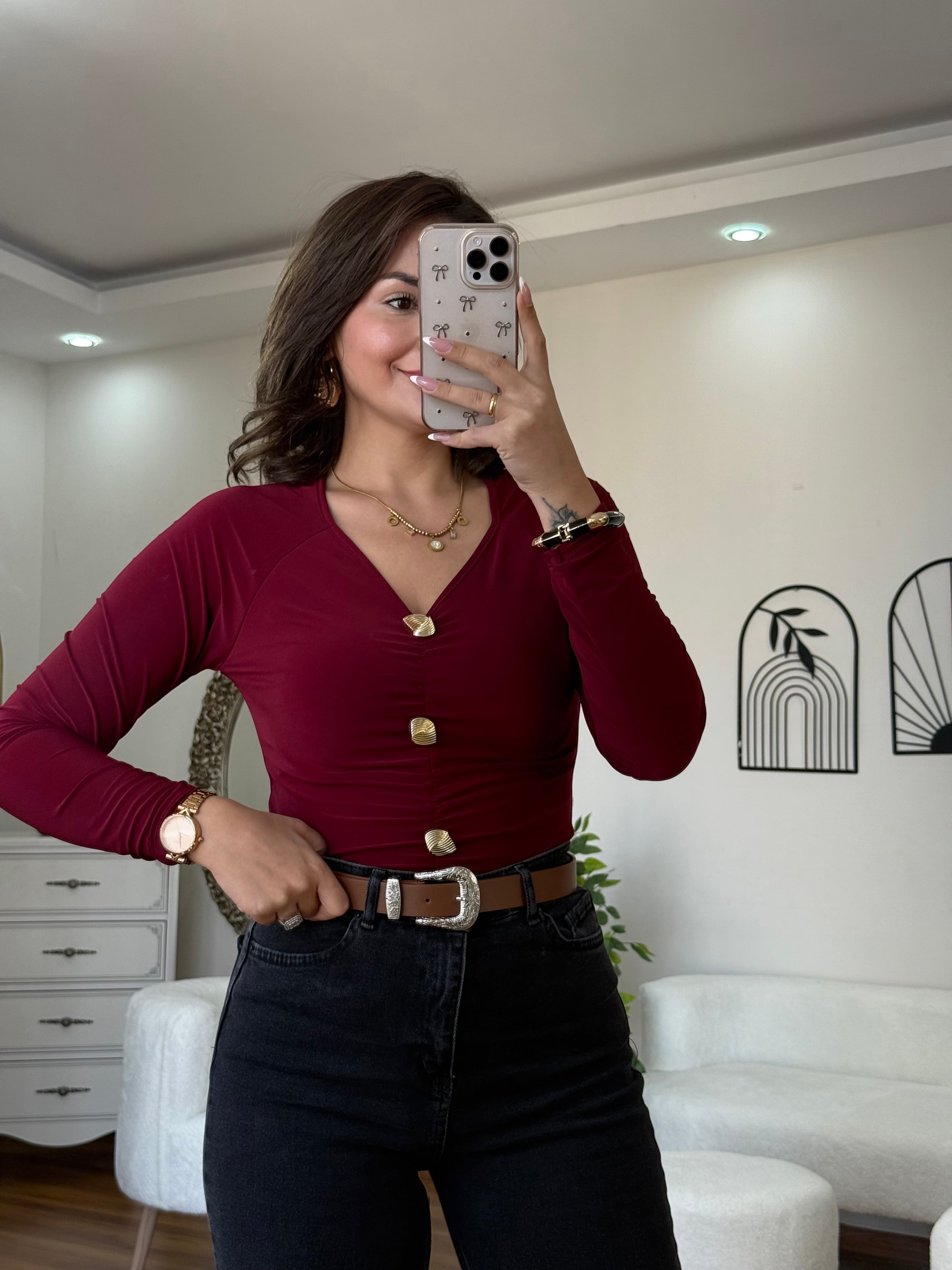 Gold Düğmeli V Yaka Bluz  - Bordo