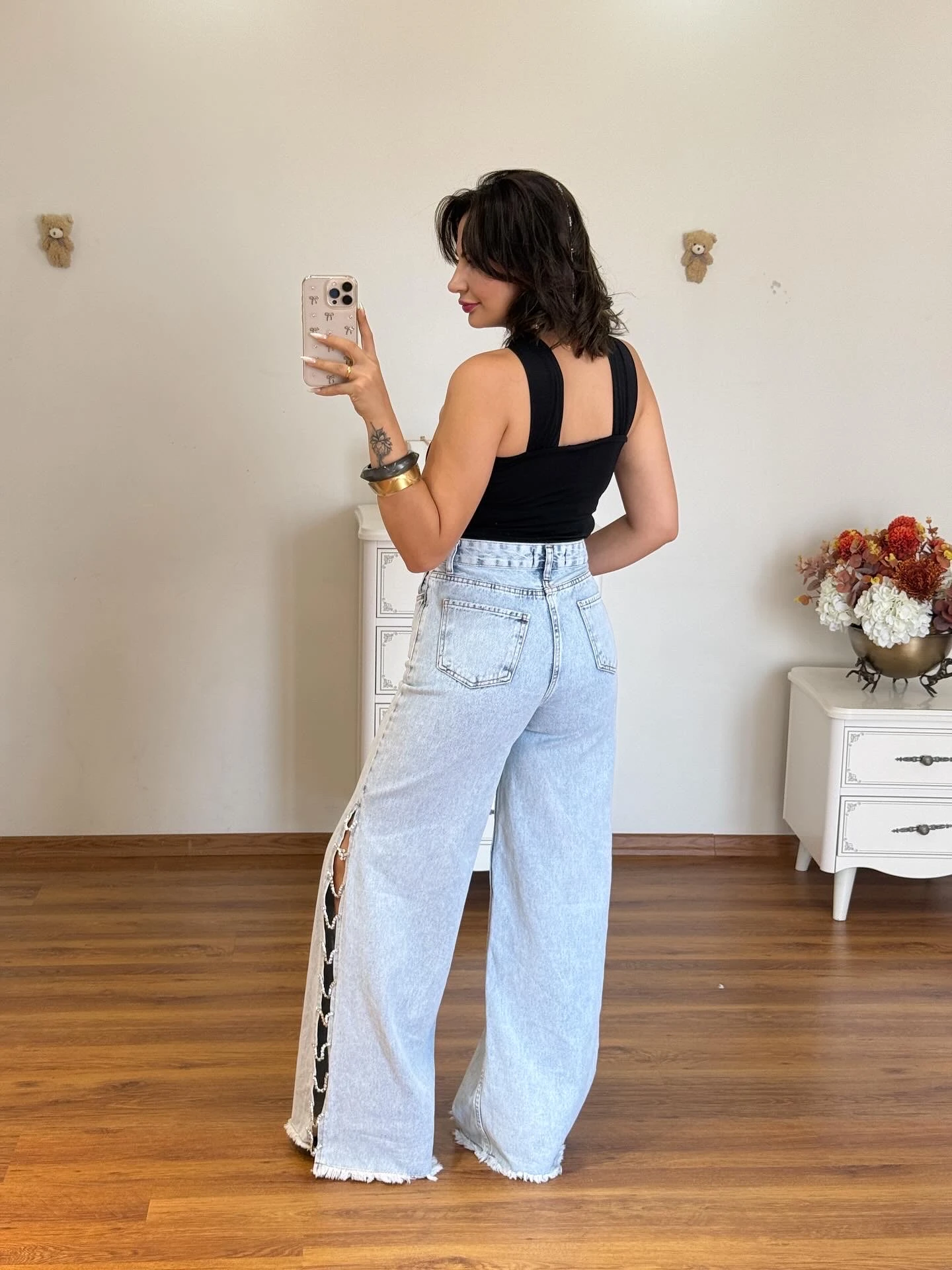 Premium yüksel bel taşlı jean