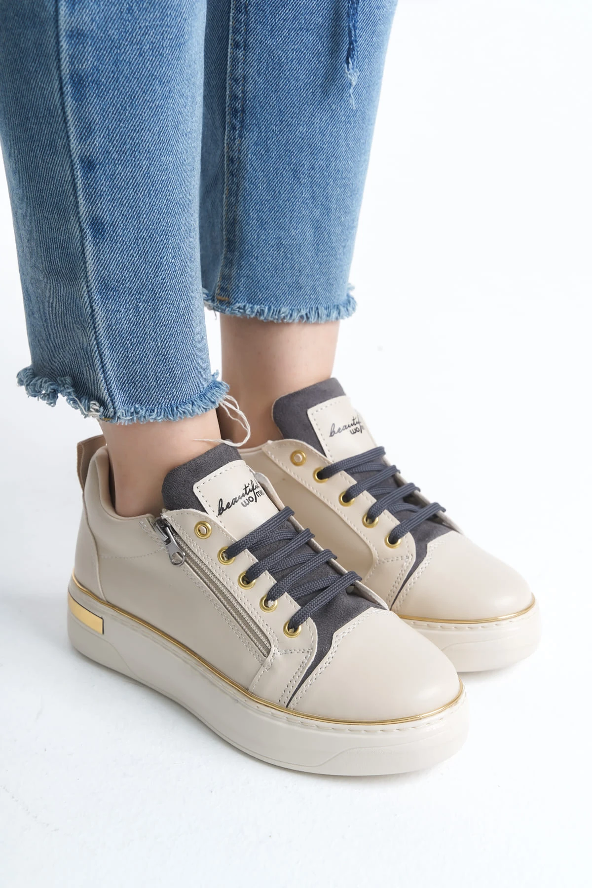 DINA Bağcıklı Fermuarlı Ortopedik Taban Kadın Sneaker Spor Ayakkabı  KT - Krem/Gri/Altın