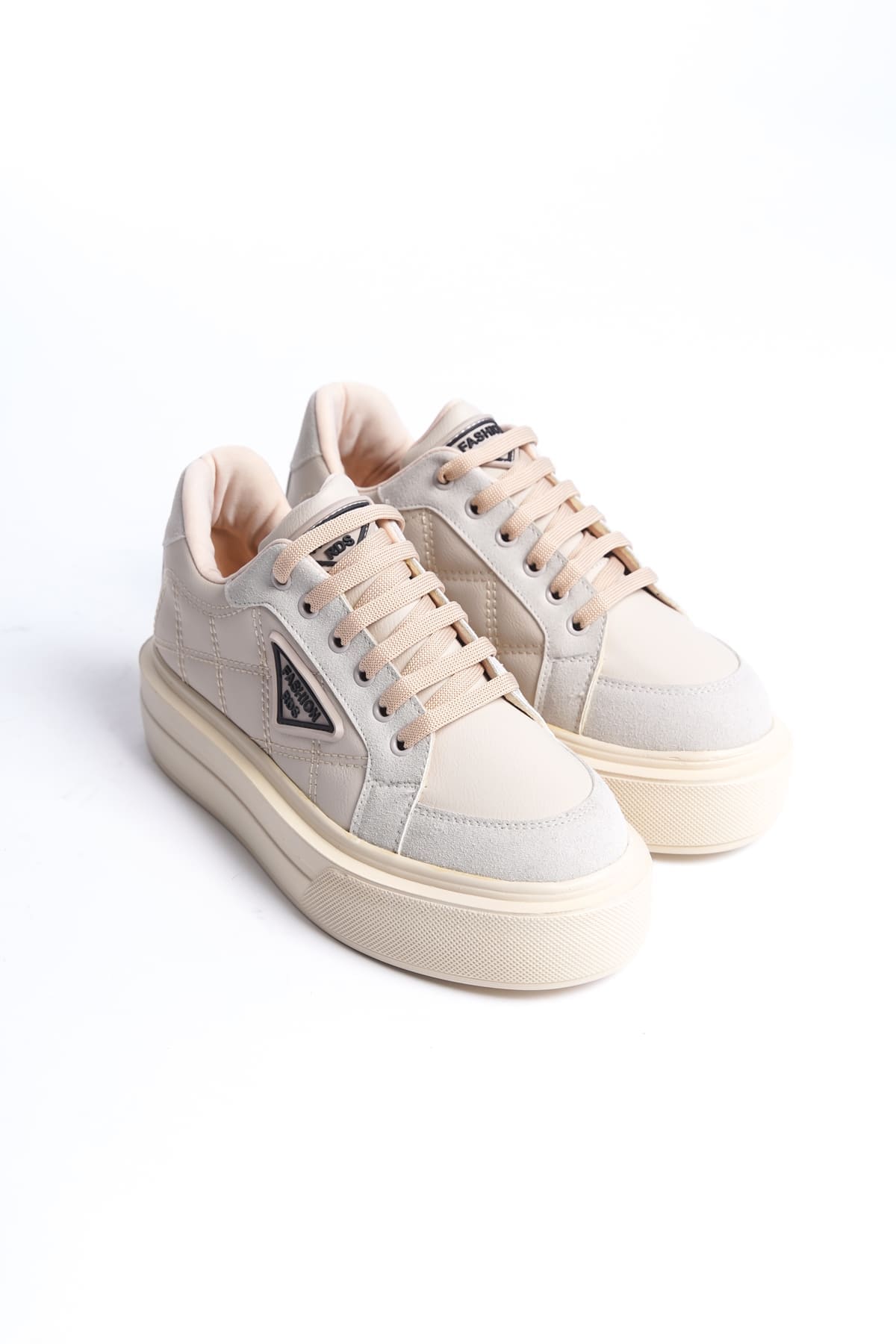 PRAG Bağcıklı Ortopedik Taban Desenli Kadın Sneaker Spor Ayakkabı  KT - Krem