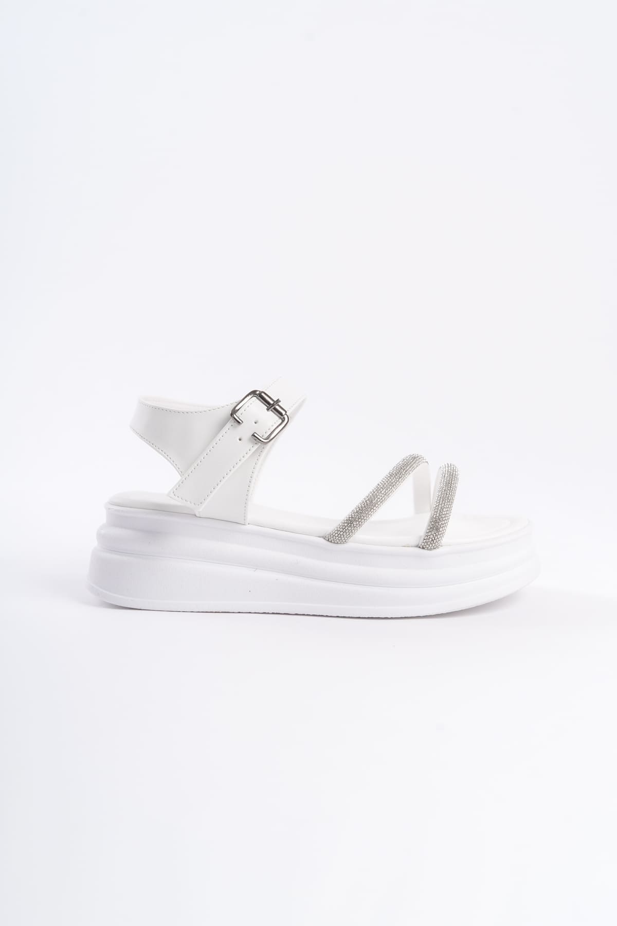 ZLOHE Kalın Tokalı Taşlı Şeritli Ortopedik Taban Kadın Sandalet BT - Beyaz