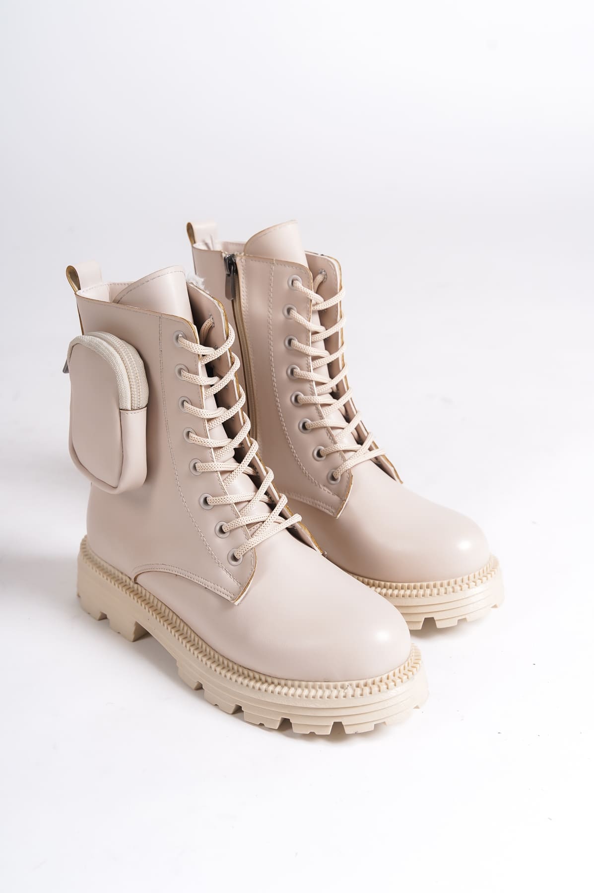 GINA Bağcıklı Fermuarlı Ortopedik Taban Çantalı Kadın Bot  KT - Krem