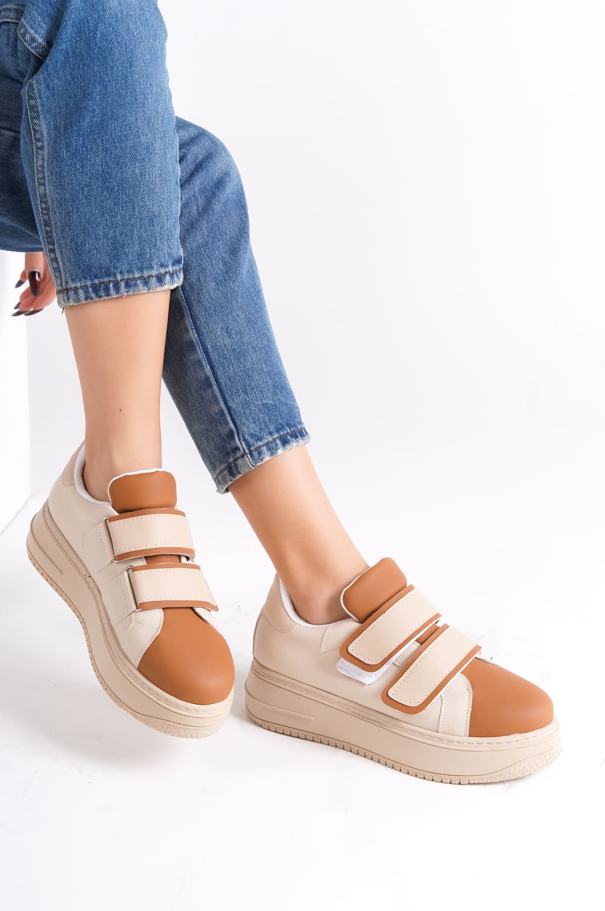 VALENCIA Bağcıksız Cırt Cırtlı Ortopedik Taban Kadın Sneaker Spor Ayakkabı TT - Ten/Kahve