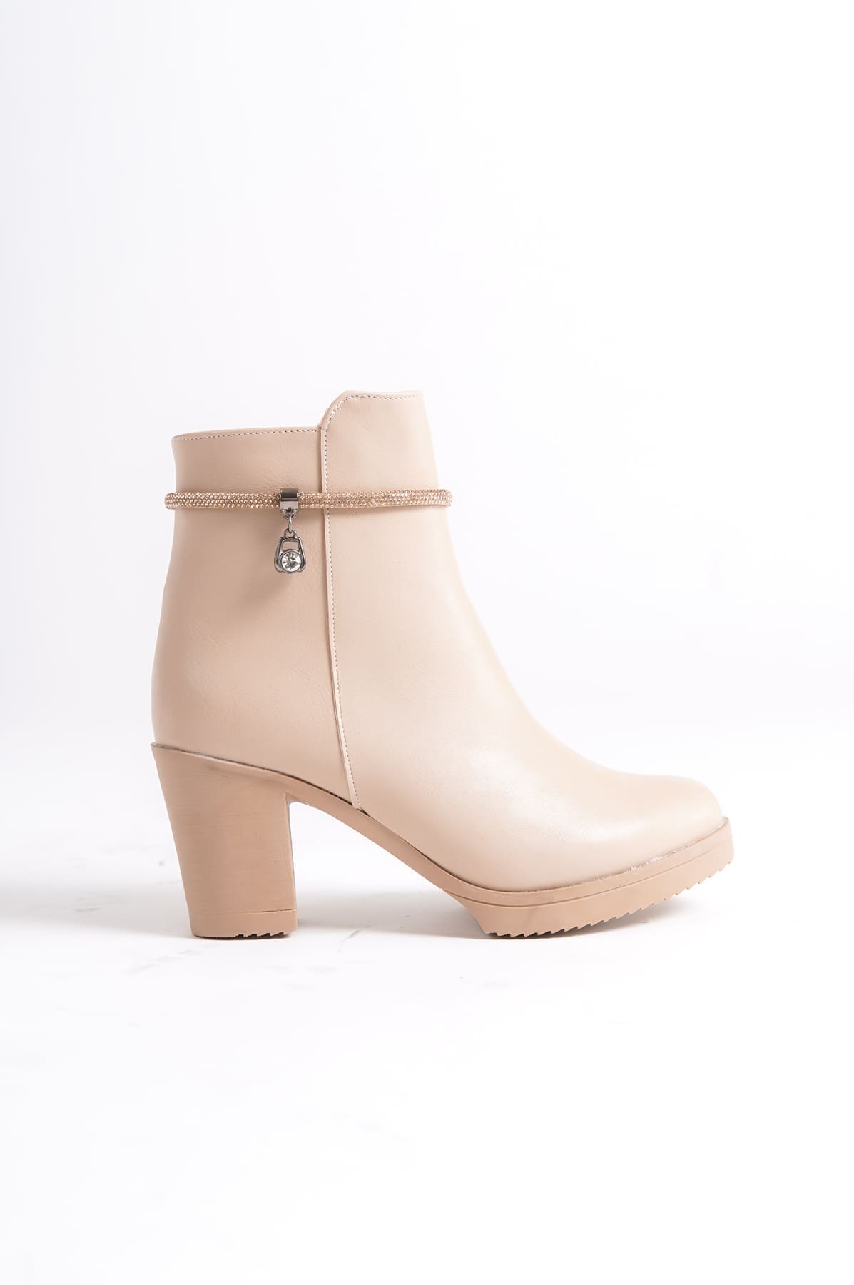 ARIA Fermuarlı Ortopedik Taban Taşlı Topuklu Kadın Bot TT - Ten