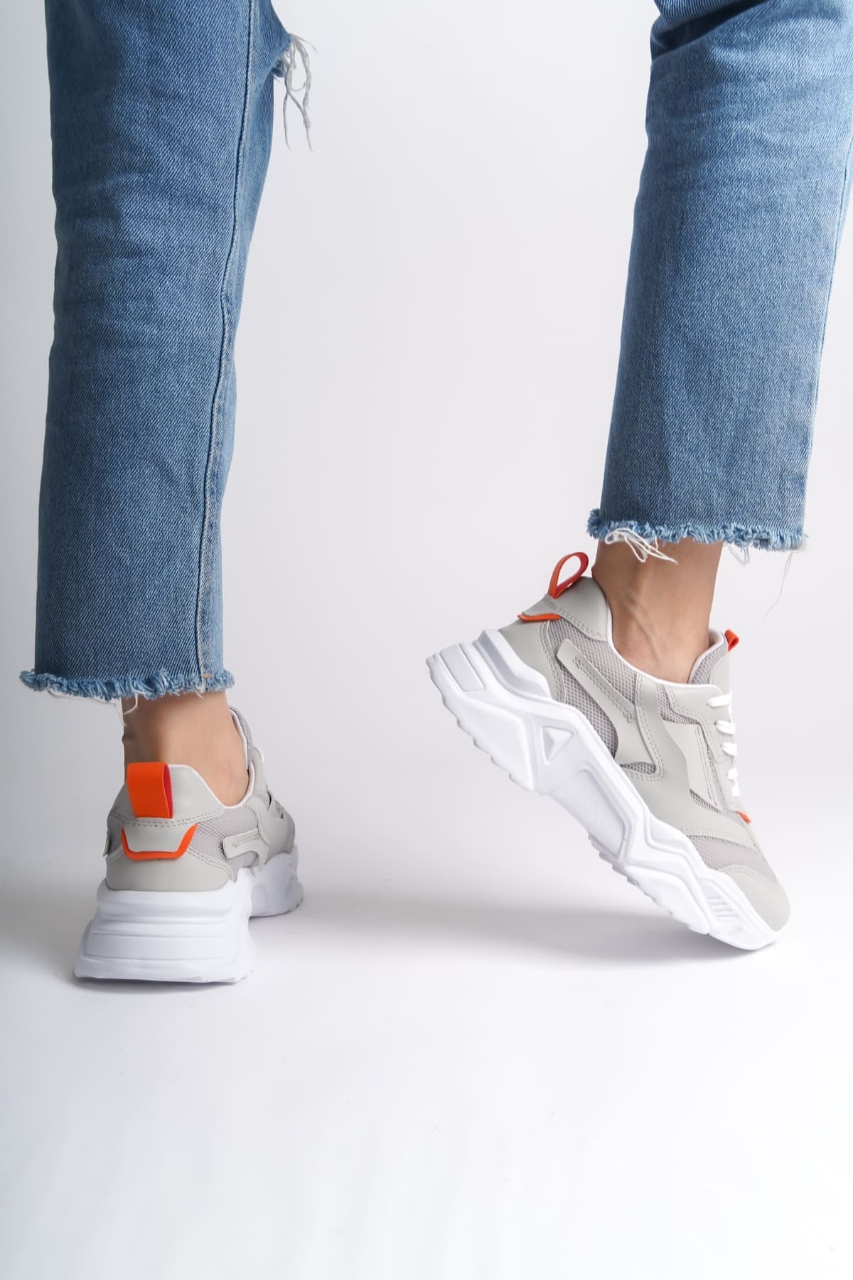 TOKYO Bağcıklı Ortopedik Taban Triko Detaylı Kadın Spor Ayakkabı  BT - Gri/Turuncu