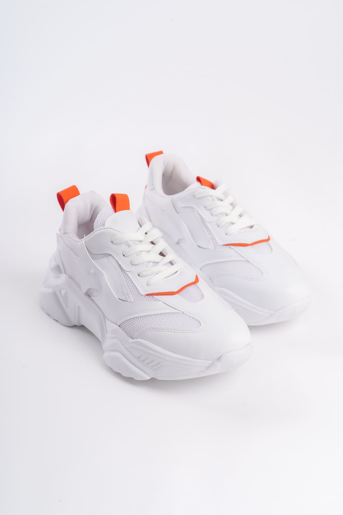 TOKYO Bağcıklı Ortopedik Taban Triko Detaylı Kadın Spor Ayakkabı  BT - Beyaz/Turuncu