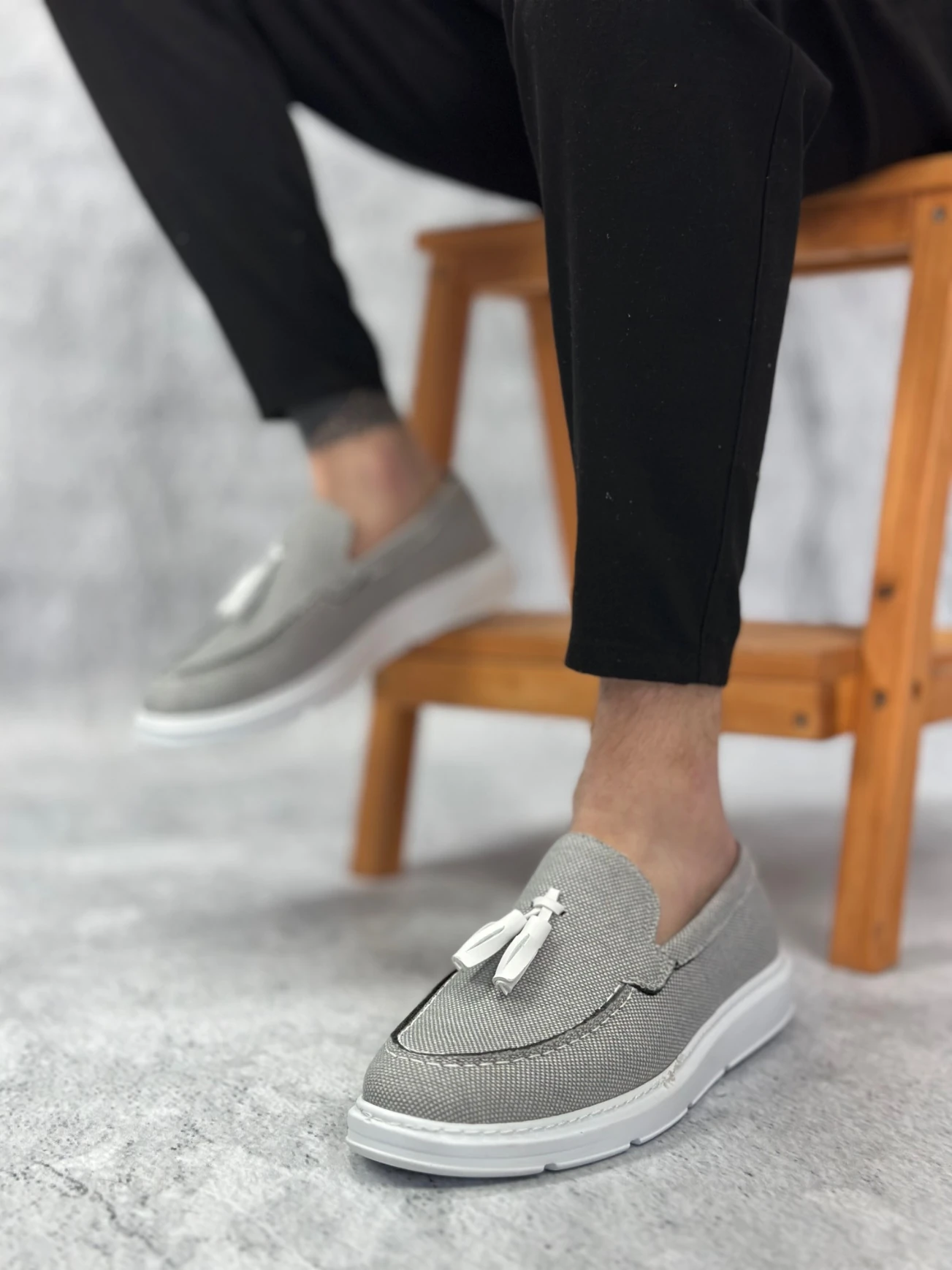 BA0005 Bağcıksız Yüksek Taban Klasik Keten Füme Püsküllü Erkek Ayakkabı