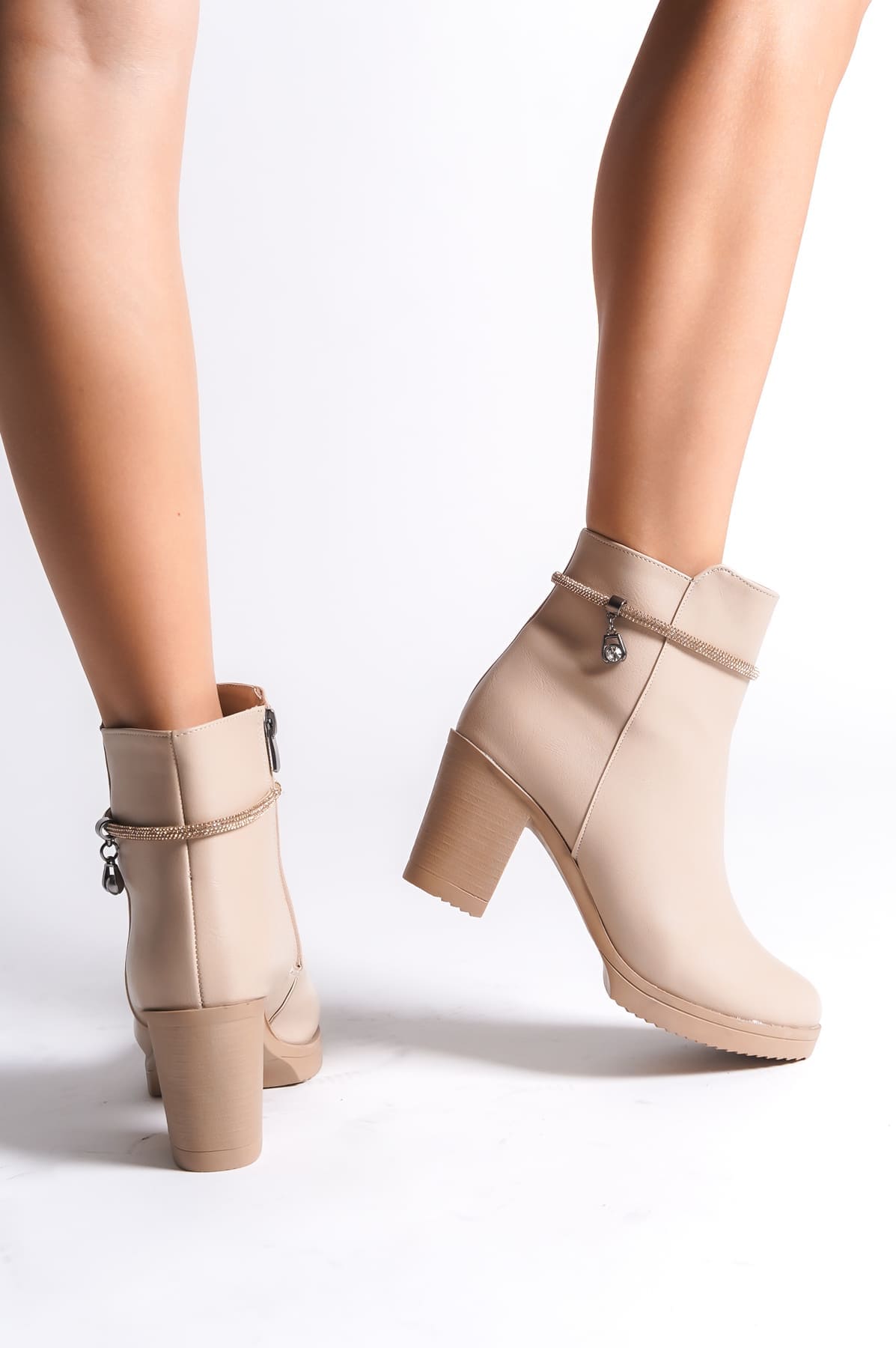 ARIA Fermuarlı Ortopedik Taban Taşlı Topuklu Kadın Bot TT - Ten