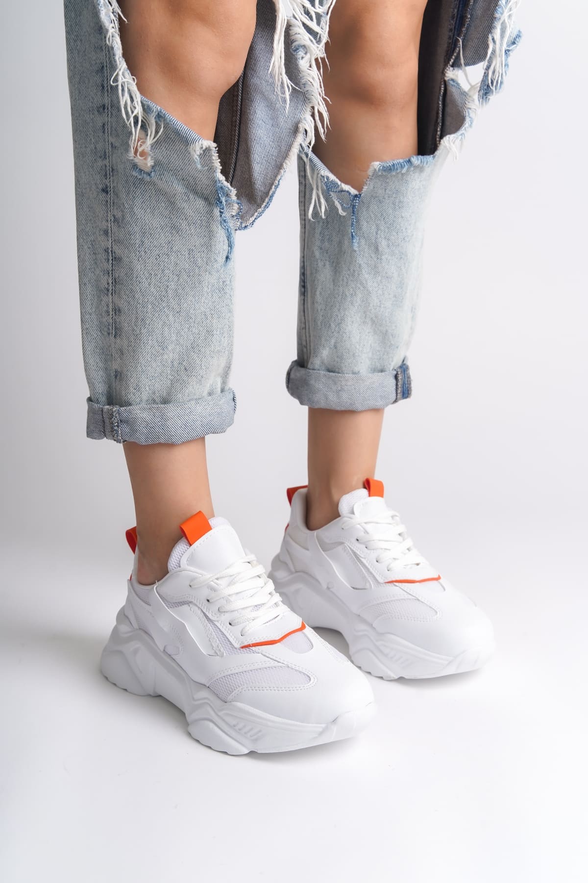 TOKYO Bağcıklı Ortopedik Taban Triko Detaylı Kadın Spor Ayakkabı  BT - Beyaz/Turuncu